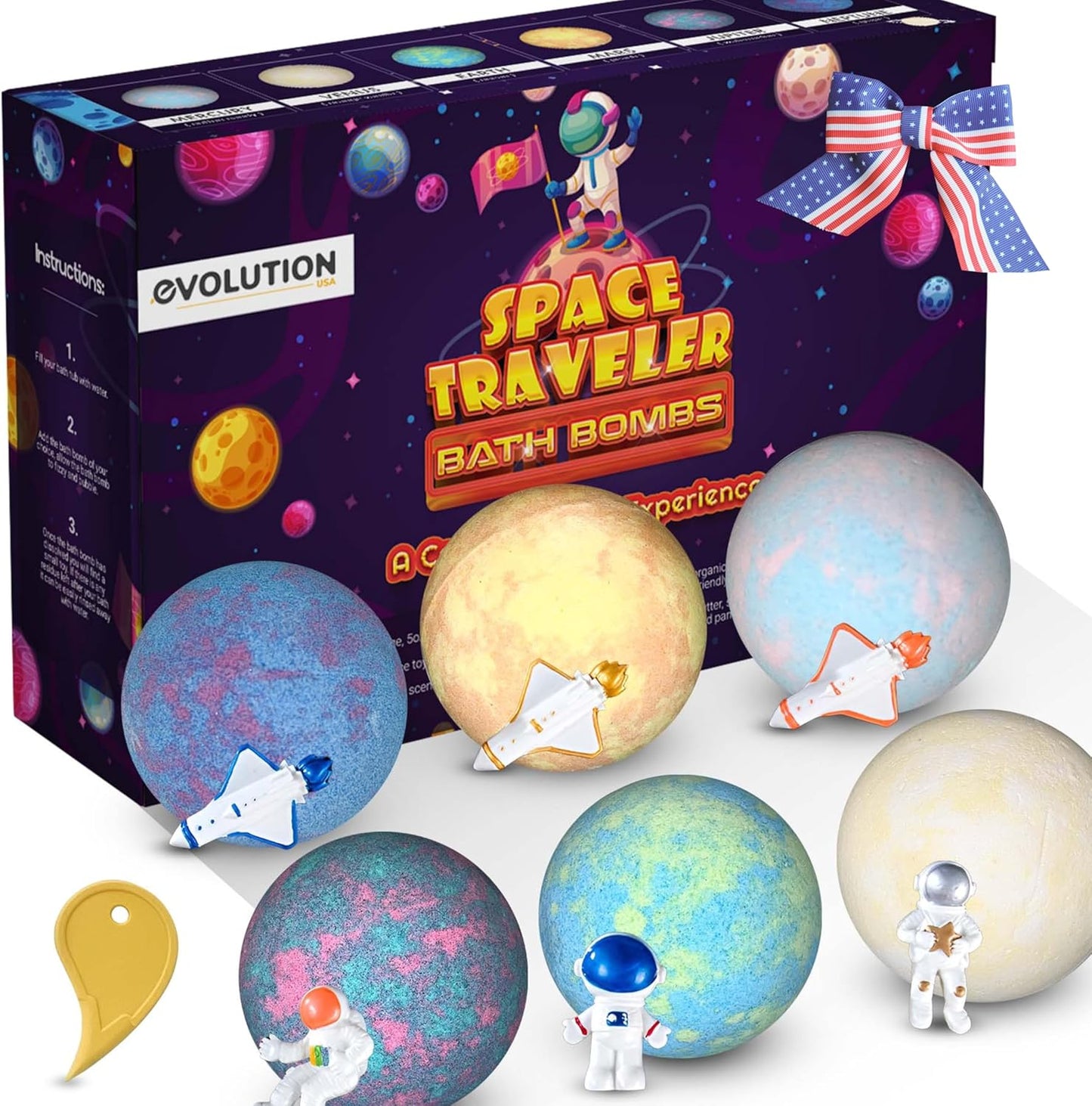 EvolutionUSA Space Bath Bombs for Boys & Girls, 6 Planet Bath Balls with Toy Hidden Inside, Organic Hypoallerganic Childrens Bathbombs, Cosmic Fun Space Surprise, Gift Set Birthday, Christmas, Easter
