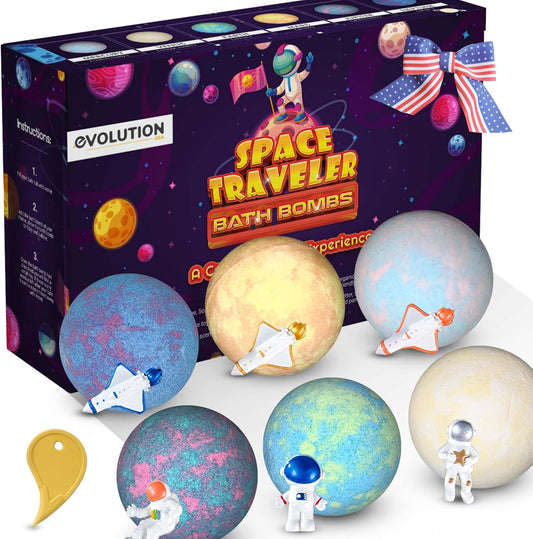 EvolutionUSA Space Bath Bombs for Boys & Girls, 6 Planet Bath Balls with Toy Hidden Inside, Organic Hypoallerganic Childrens Bathbombs, Cosmic Fun Space Surprise, Gift Set Birthday, Christmas, Easter