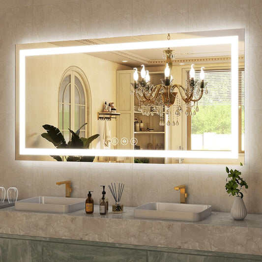 GLSLAND LED Bathroom Mirror - 55"x30" Anti-Fog Lighted Wall Mirrors with Memory Function, Dimmable, Frontlit & Backlit, Horizontally/Vertically, Tempered Glass