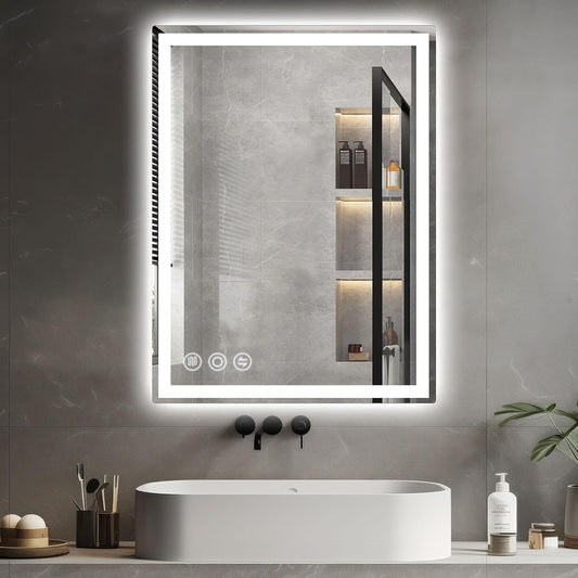 Bathroom Mirror, 28"x 36" Vanity Mirror with Lights, LED Mirrors with Anti-Fog, Stepless 3 Colors Temperature & Dimmable, Memory Tempered Glass Bathroom Mirrors for Over Sink