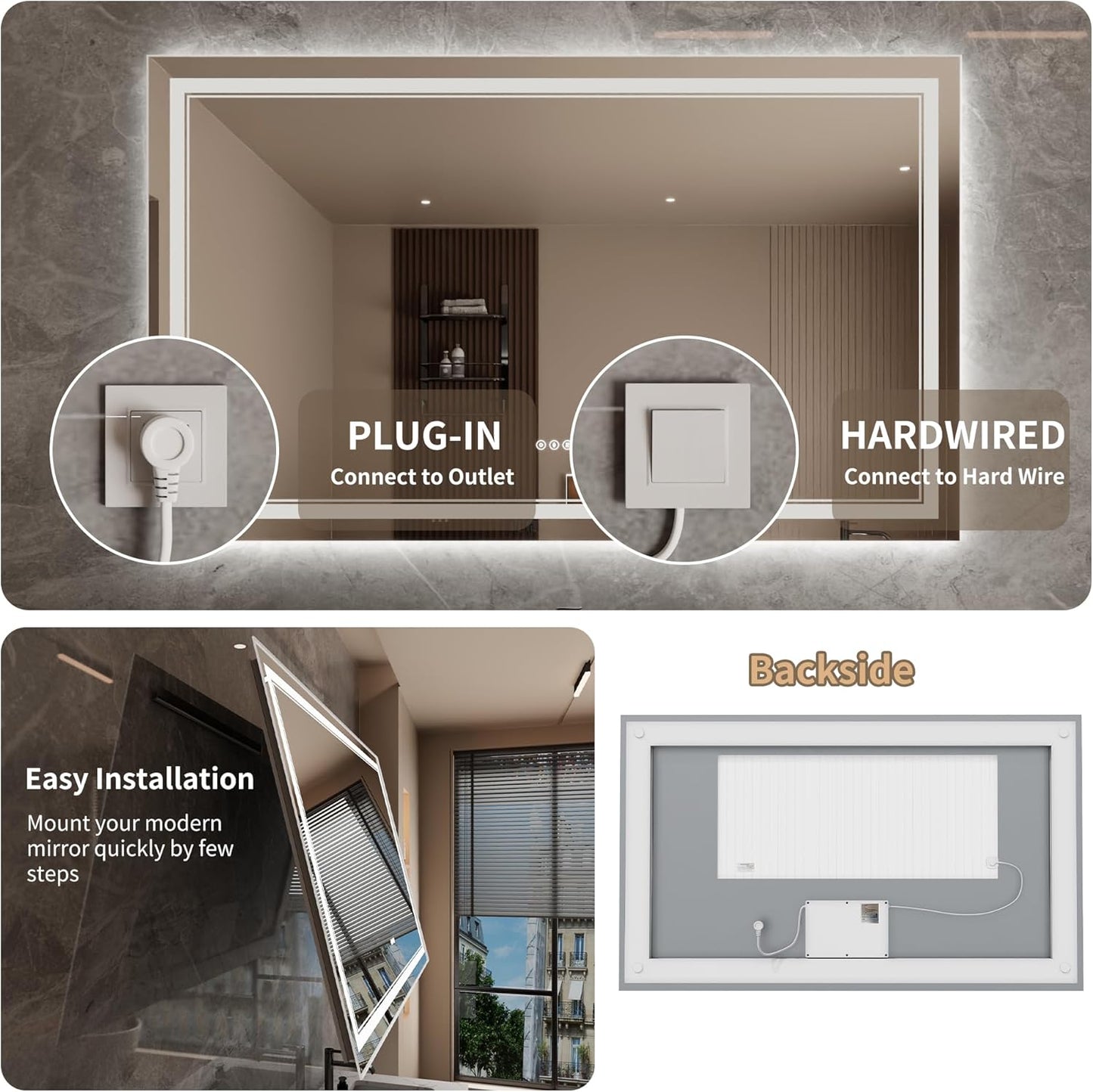 Bathroom Mirror with Lights 36"X60" with Front Light and Backlit, Tempered Glass, Wall Mount Horizontal/Vertical, Stepless Dimmable, 3 Colors, Anti Fog, Bathroom Memory LED Mirror