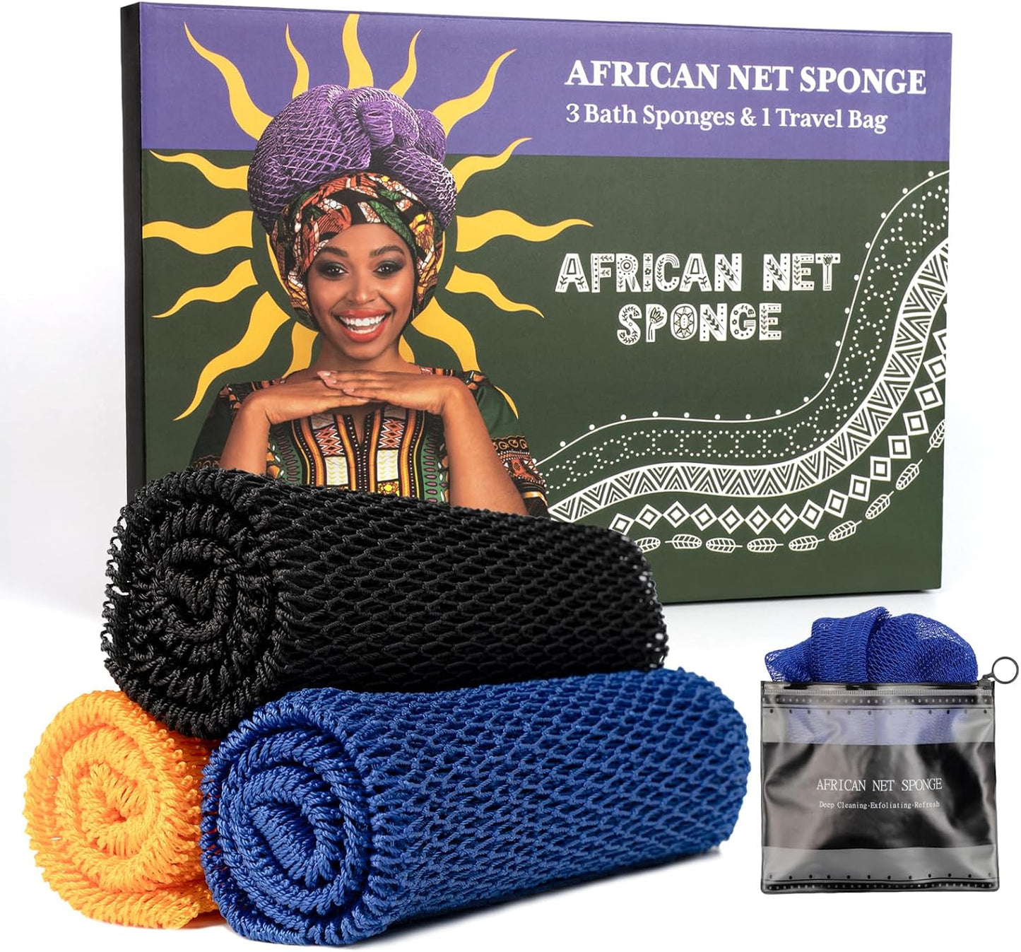 African Net Sponge Authentic 3 Pieces with Storage Bag, African Exfoliating Net Sponge Washcloth, Exfoliating Body Scrubber Bath Sponge Bathing Accessories (Blue & Black & Golden)