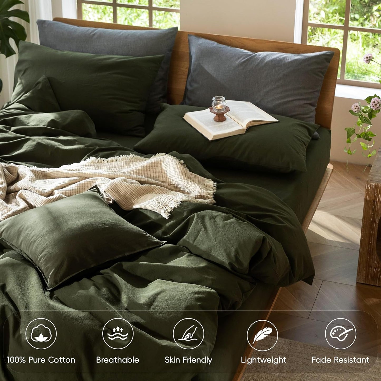 MooMee Bedding Duvet Cover Set 100% Washed Cotton Linen Like Textured Breathable Durable Soft Comfy (Solid Olive Green, Oversized King Plus 128"x120")