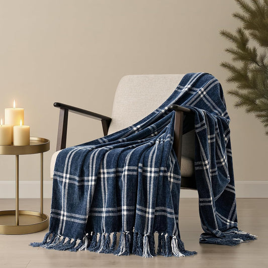 EVERGRACE Plaid Chenille Throw Blanket for Couch, Super Soft Cozy Decorative Windowpane Grid Plaid Throw with Tassels, Lightweight Chenille Knit Throw for Bed Sofa Gift, Navy & White 60”x80”