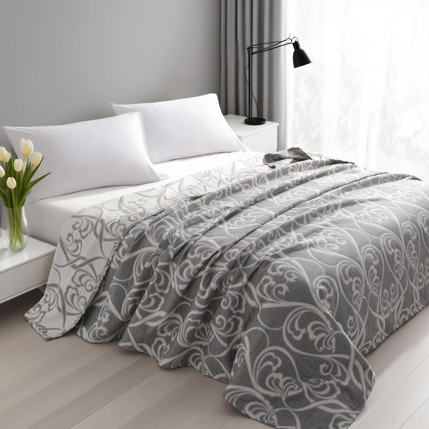 NTBAY 3 Layers Cotton Muslin 106x92 King Bed Blanket, Super Soft Breathable Thermal Yarn Dyed Quilt for Adults, Perfect Lightweight Blanket for Couch Sofa Bed All Seasons, Grey Paisley