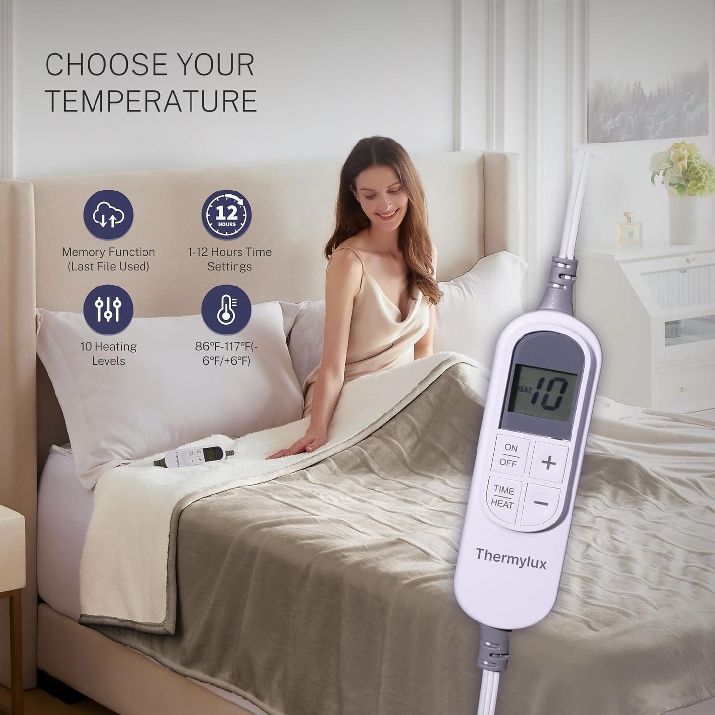 Electric Blanket Twin 62"x84" Heated Electric Blankets 10 Heating Levels 12 Time Settings 8 Hours Auto Off Fast Heating and Overheat Protection ETL Certified Machine Washable,Light Brown