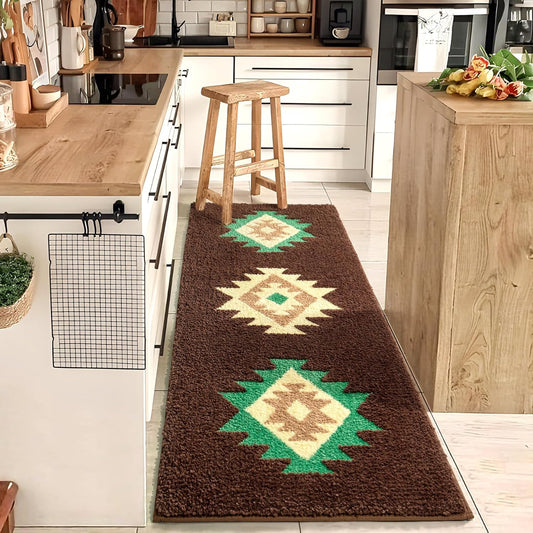DEXDE Boho Bathroom Rug Runner 24x60 Long Bath Mat for Bathroom Bedroom Hallway Kitchen Luxury Soft Absorbent Large Modern Geometric Carpet Runner Western Farmhouse Decor, Brown