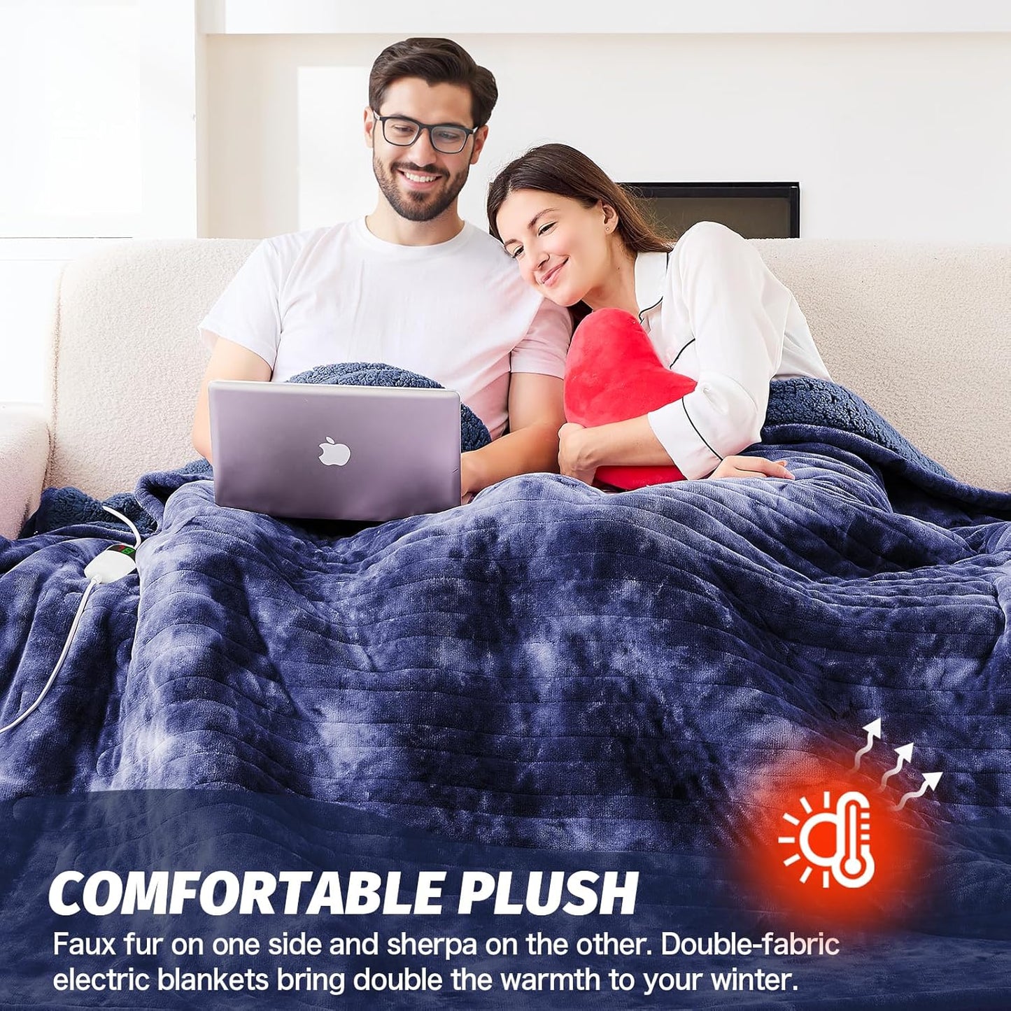 greenoak Heated Electric Blanket Throw, Faux Fur Sherpa Heating Blanket for Sofa Bed, Warm Winter Gifts for Dad/Grandma, Heater Lap Blankets 5-Position Timer &10 Heating Levels 62''*84" Cobalt