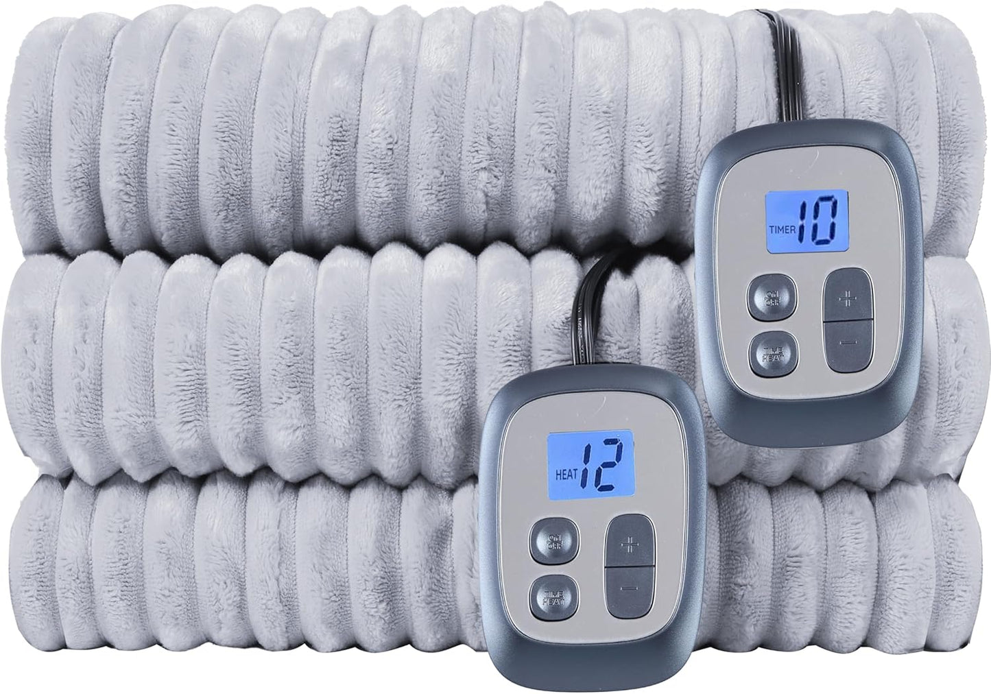 Electric Heated Blanket Queen Size 84x90 Inch - Ultra Soft Silky Flannel with Ribbed Texture, Dual Zone Controllers with 10 Heating Levels and 12 Hours Auto-Off Feature - Light Gray