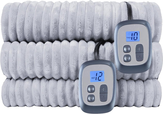 Electric Heated Blanket Queen Size 84x90 Inch - Ultra Soft Silky Flannel with Ribbed Texture, Dual Zone Controllers with 10 Heating Levels and 12 Hours Auto-Off Feature - Light Gray