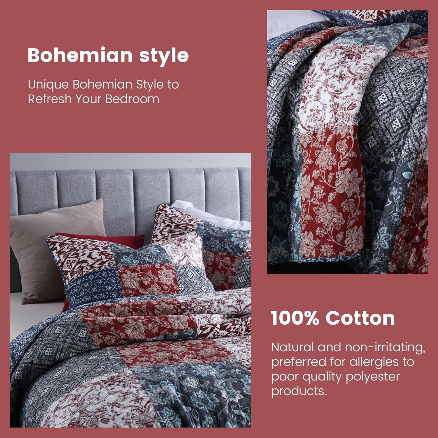Secgo Twin Comforter Set for Bed - 100% Cotton Quilts Twin Size, Black Bedspreads with 2 Pillow Shams, Patchwork Reversible Lightweight Bedding
