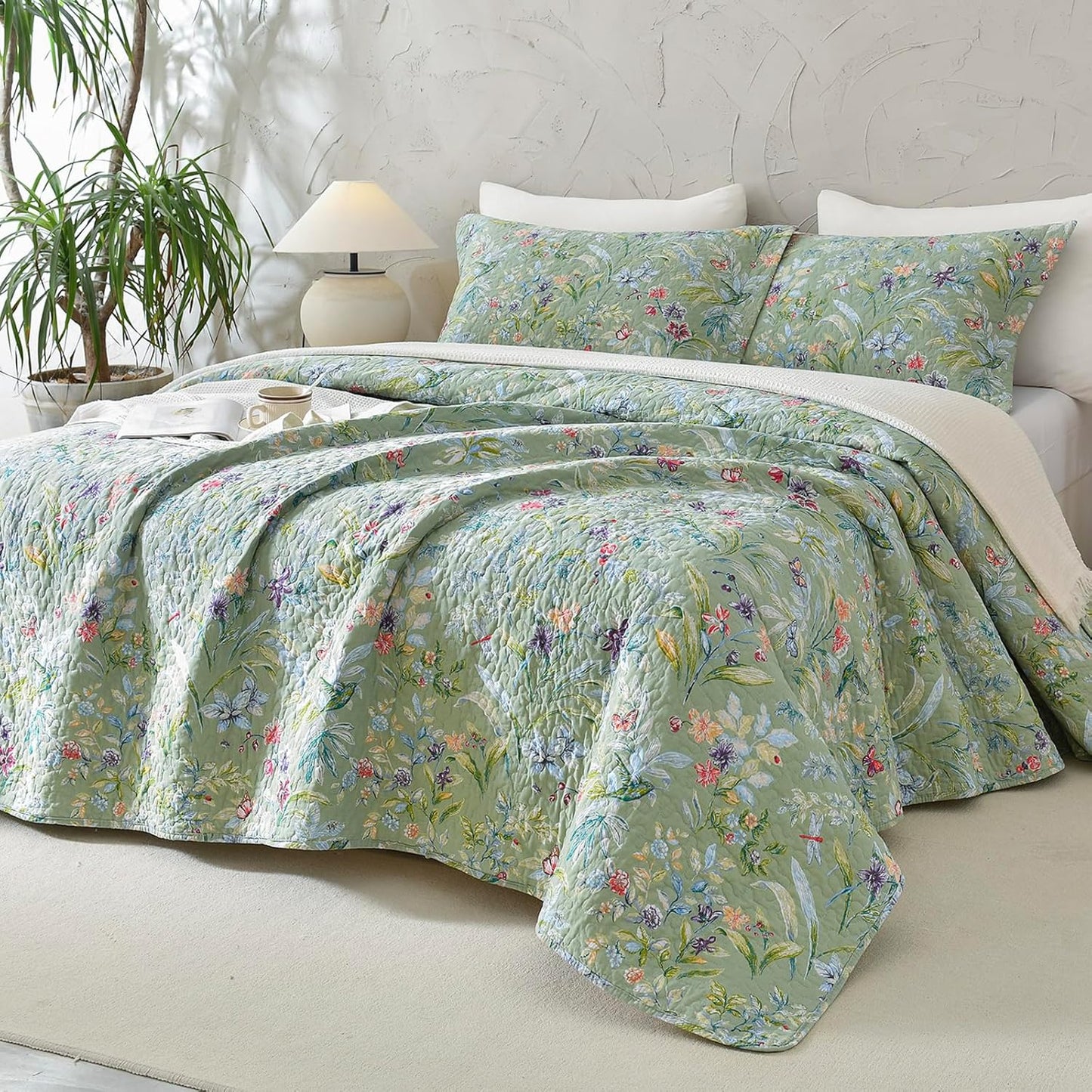 Lady Ann 100% Cotton Floral Cal King Quilt Set - Green Flower Bird Butterfly Pattern Print Quilted 118x106 Bedspread & Coverlet Set, 3 PCS Lightweight Extra Soft Queen Bedding Sets All Season