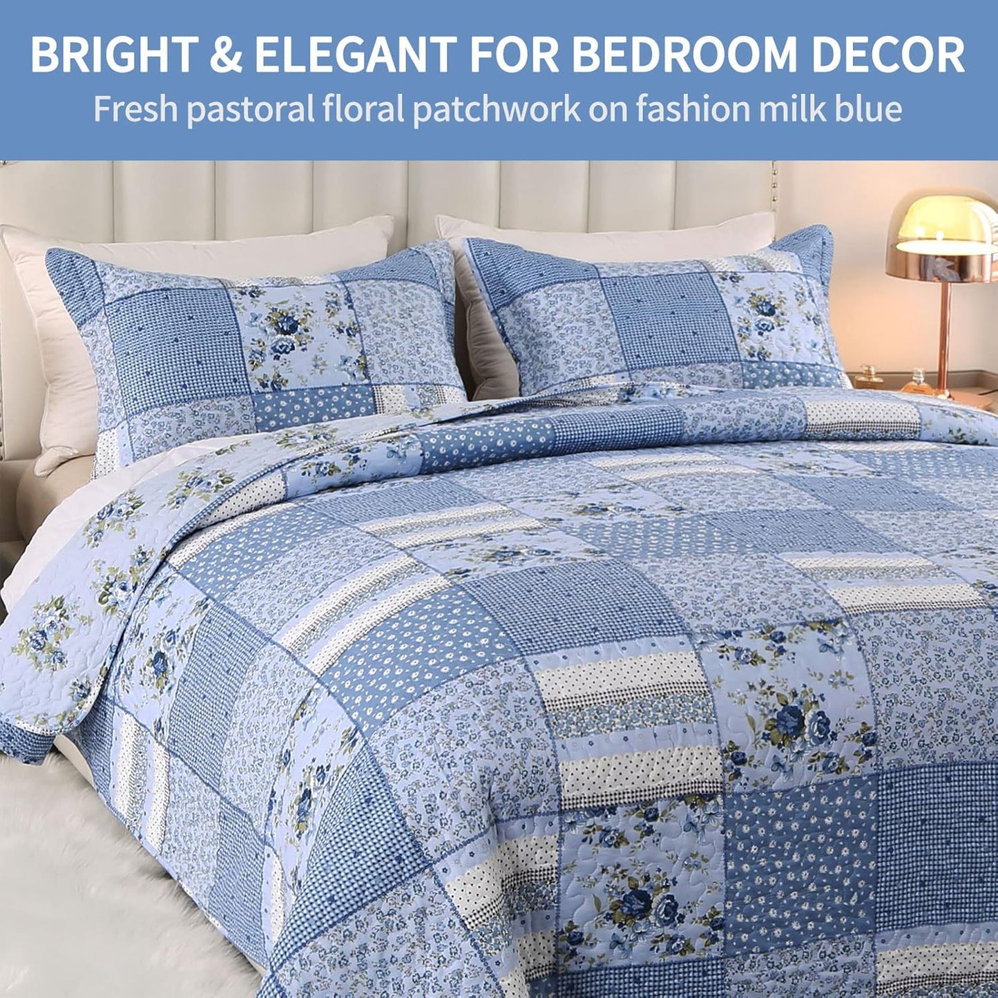 ENJOHOS Blue Floral Quilt Set Queen Size, 3 Pieces Plaid Flower Queen Bedspread for All Seasons, Patchwork Reversible Coverlet Lightweight Bedding for Queen Size Bed with 2 Pillow Shams