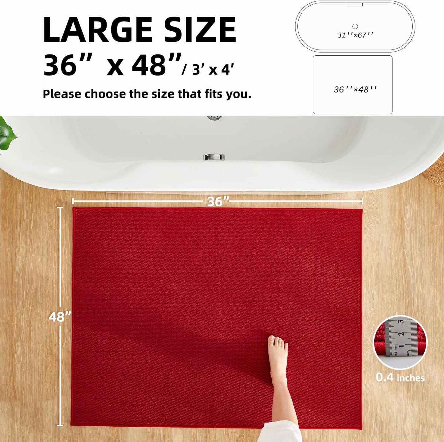 Large Christmas Bathroom Rugs Non Slip Washable Bath Rugs Super Absorbent Bathroom Rug Thin Quick Dry Low Pile Bath Mats, Red 36"x48"