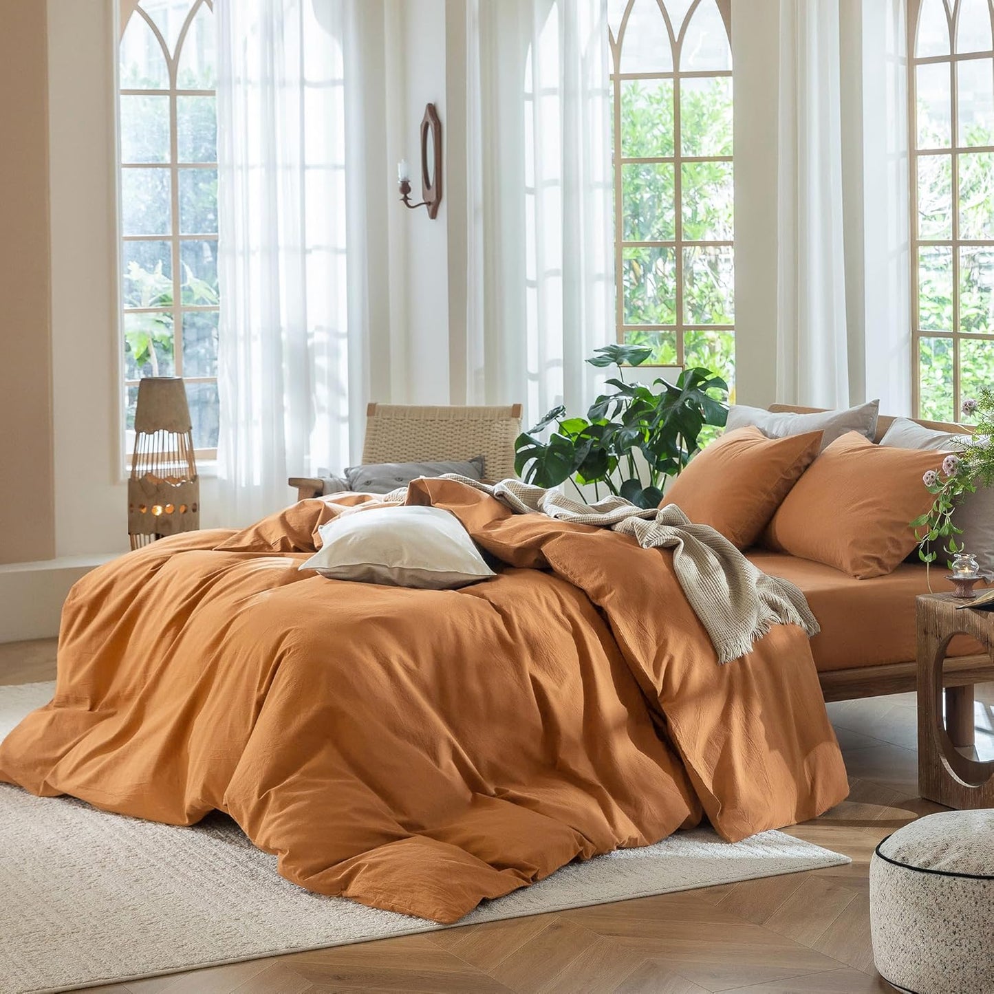 MooMee Bedding Duvet Cover Set 100% Washed Cotton Linen Like Textured Breathable Durable Soft Comfy (Solid Burnt Orange, Cal King 104"x98")