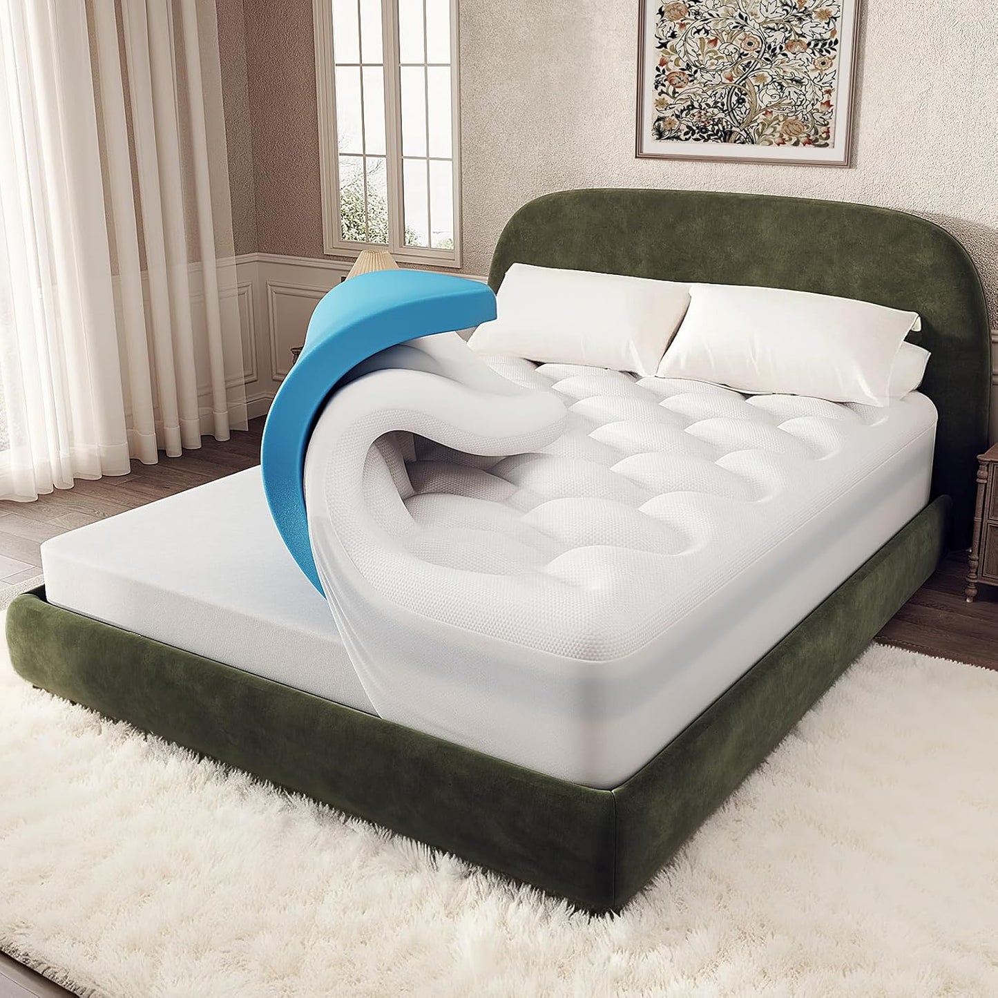 OhGeni Cooling 4 inch Dual Layer Queen Mattress Topper, 2 inch Cooling Gel Memory Foam, 2 inch Down Alternative Pillow Top Pad, Mattresses Cover for Bed, Medium Support, Fits 6”-19” Deep Pocket