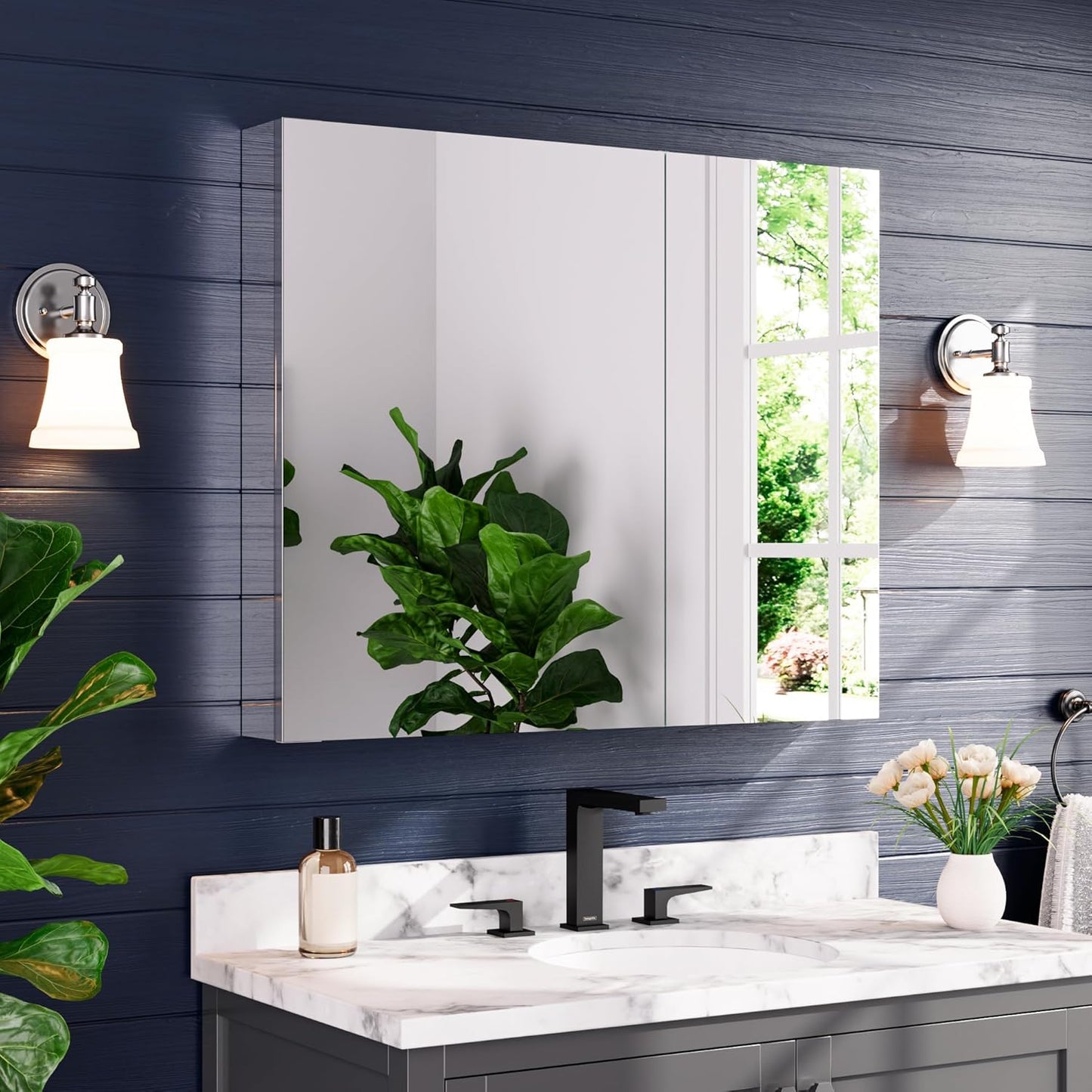 Medicine Cabinet 36" x 30", Bathroom Medicine Cabinet with Mirror, Recessed Medicine Cabinets with Adjustable Shelves, Soft-Closing Door, and Aluminum Alloy Frame - Reverse Installation, Silver