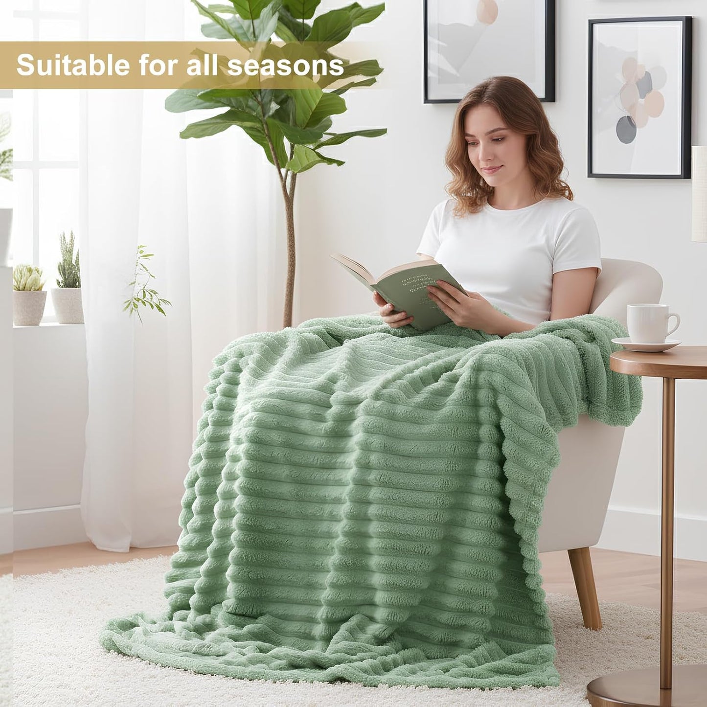 decorUhome Christmas Soft Fleece Sage Green Twin Blanket for Bed, Cozy Fluffy Plush Flannel Striped Throws for Couch Sofa, Lightweight Decorative Ribbed Fuzzy Blanket for Woman, 60x80 Inches