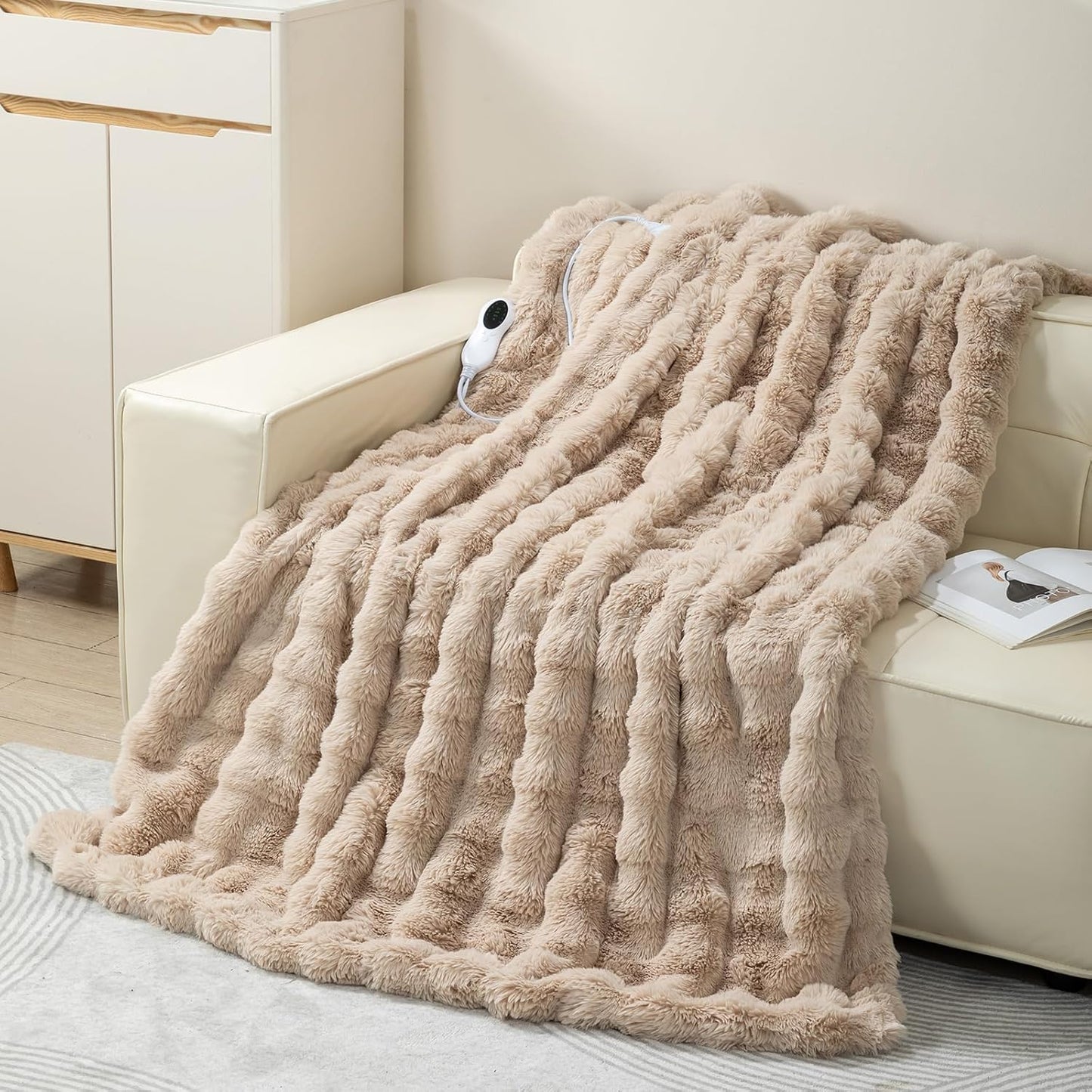 Faux Rabbit Fur Electric Blanket Throw 51"x63" – Heated Blanket with 5 Heat Levels 86°F–158°F, Digital Display & 2/4/8H Timer, Fast Heating, Machine Washable Bubble Plush Crystal Velvet Heating Throw