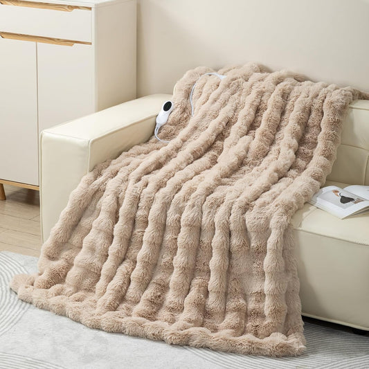 Faux Rabbit Fur Electric Blanket Throw 51"x63" – Heated Blanket with 5 Heat Levels 86°F–158°F, Digital Display & 2/4/8H Timer, Fast Heating, Machine Washable Bubble Plush Crystal Velvet Heating Throw