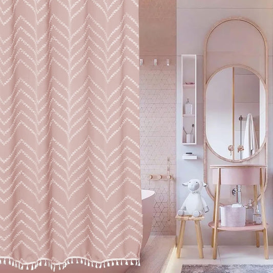 Extra Long Pink Boho Shower Curtain with White Tassel, Woven Fabric 84 in Shower Curtain, Tufted Chevron Striped, 72 x 84, Modern Chic Textured Minimalist Cute Shower Curtain for Bathroom