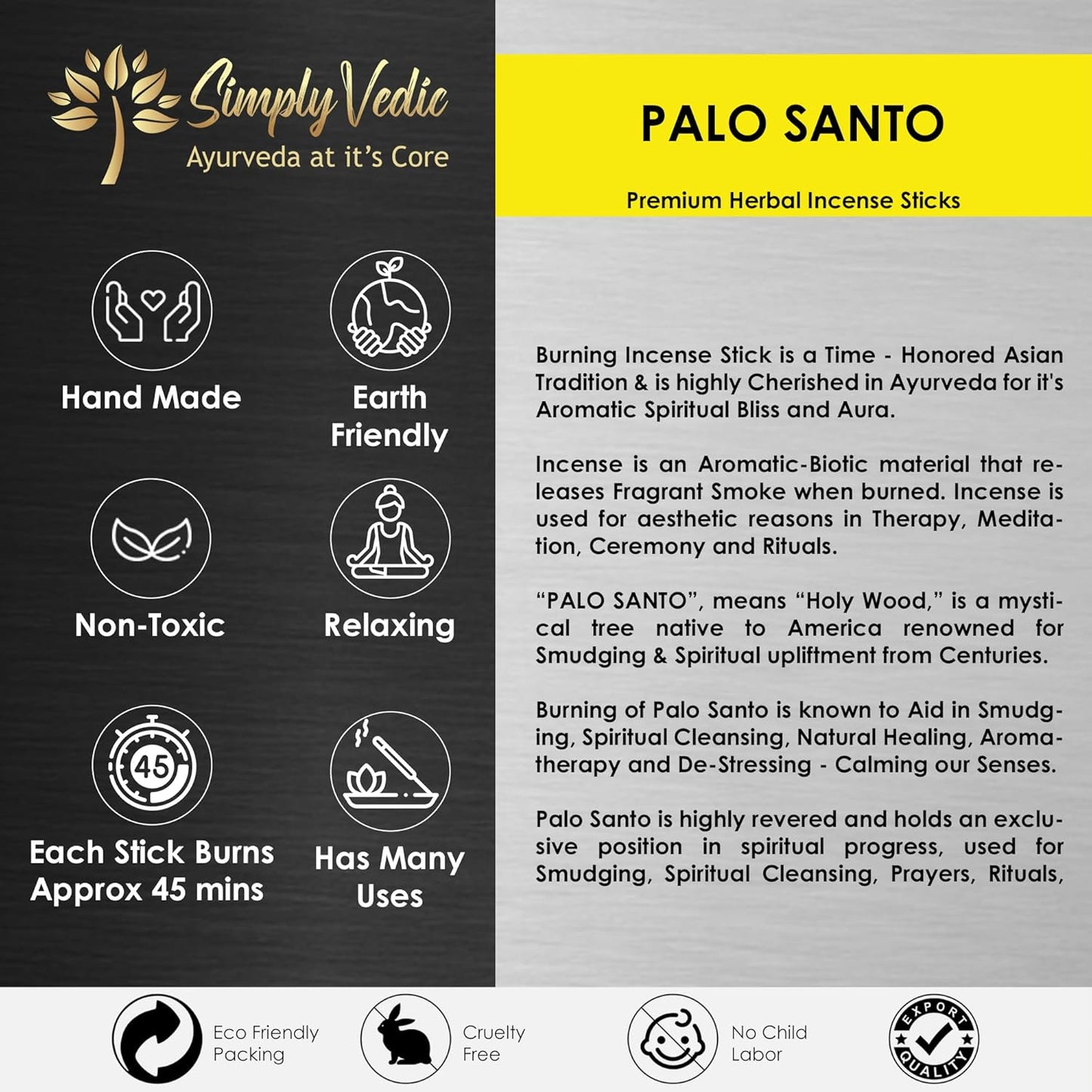 Simply Vedic Palo Santo Incense Sticks – 250g Pack (Approx. 135 Handmade Agarbatti + Free Holder) | Natural & Charcoal-Free | 45-Min Burn for Meditation, Yoga, Aromatherapy, Energy Cleansing