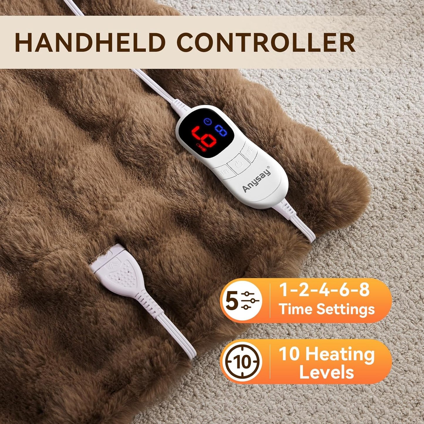 Heated Blanket Full Size with 1/2/4/6/8 Hours Auto-Off 10 Heat Level, 62'' * 84'' Cozy Faux Rabbit Fur Bubble Electric Blanket with Overheat Protection(Brown)