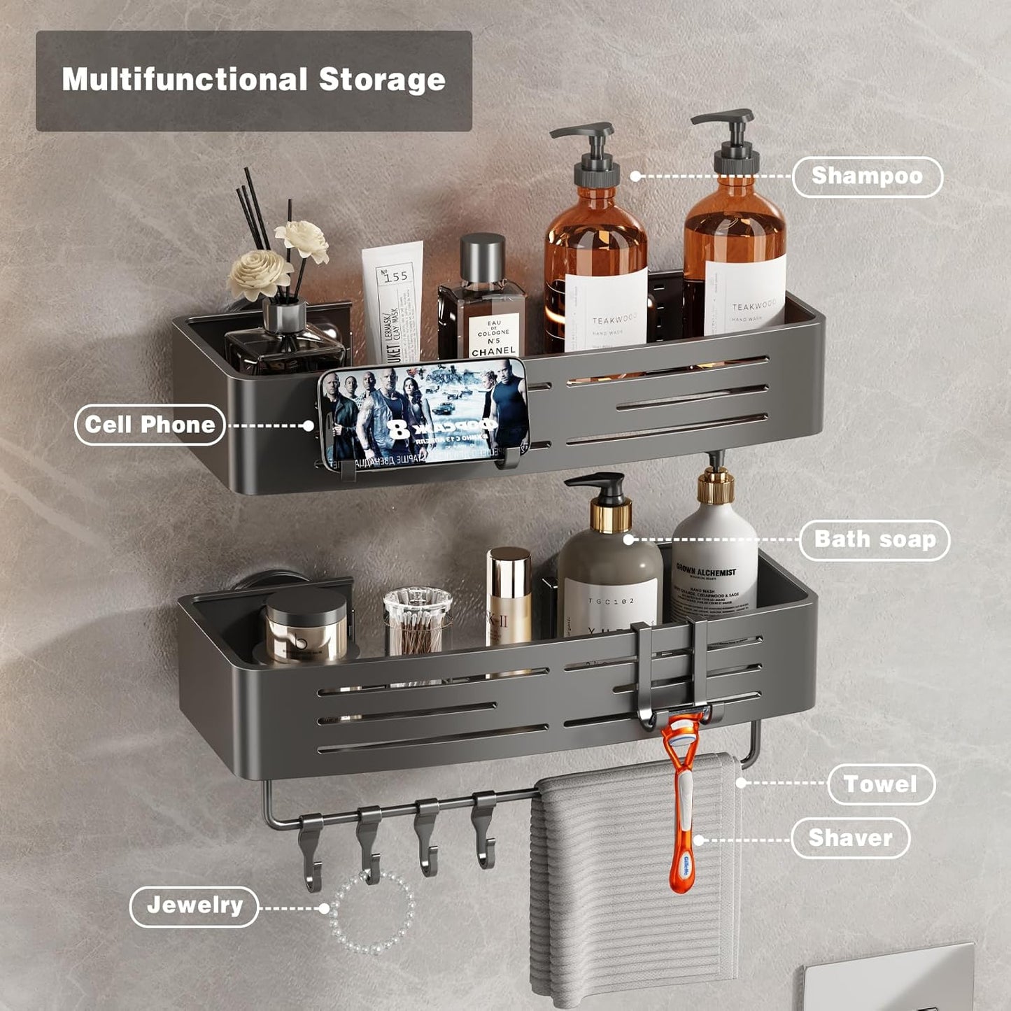 Voldra Adhesive Shower Caddy, 2 Pack Shower Shelves for Inside Shower No Drilling, Aluminum Stick On Showers Organizer with Towel Bar & Hooks Removable Bathroom Shelf Storage Rack(Gray)
