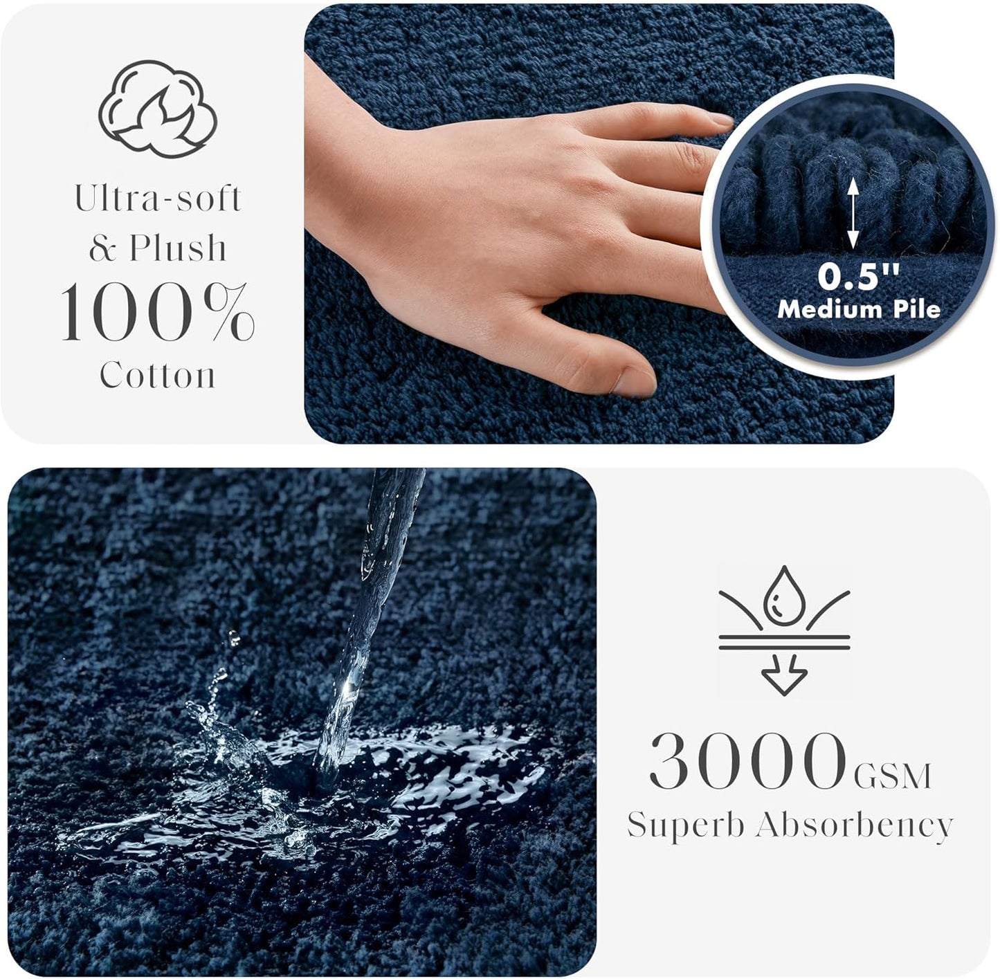 Madison Park Splendor Reversible 100% Cotton Tufted Bathroom Rug-3000 GSM Hotel Quality Luxurious Plush Medium Pile Bath Mat Absorbent, Quick Dry, Shower Room Décor, 24x44 Navy