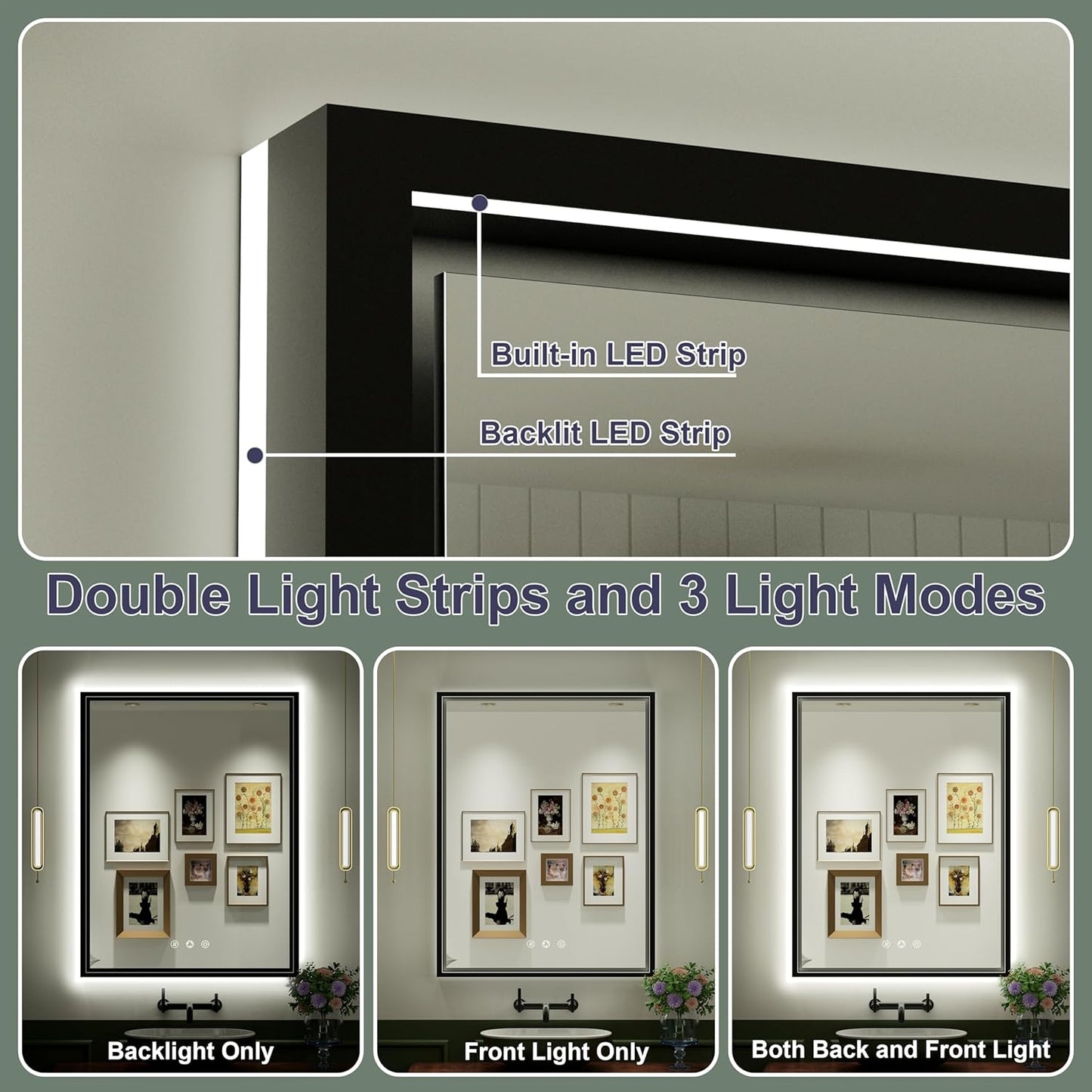 28x36 Inch Black LED Bathroom Mirror with Front & Back Ligths, Adjustable 3000K/4500K/6000K, Lighted Bathroom Vanity Mirror, Memory, Dimmable, Anti-Fog, Wall Mounted, Horizontal/Vertical
