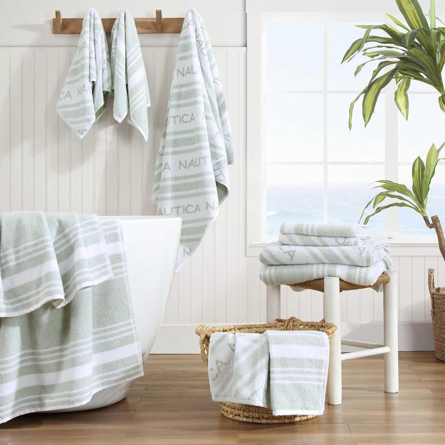Nautica - Bath Towels, Soft & Absorbent Cotton Towels with Yarn Dye Terry Loops, Medium Weight Bathroom Towels (Windward Green, 6 Piece)
