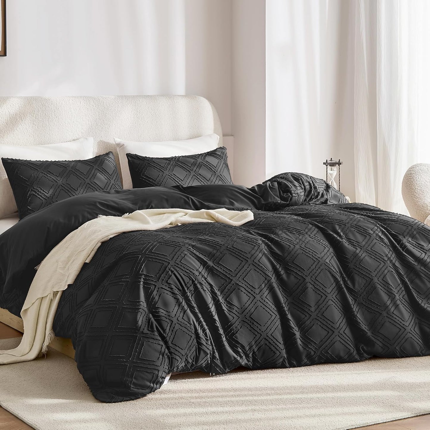 JELLYMONI Duvet Cover King Size Black - 3PCS Boho Duvet Cover Set Plaid Polyester Tufted Bohemian Jacquard Knit Textured Comforter Cover 104×90in Rhombic Geometric Pattern Zipper Corner Tie