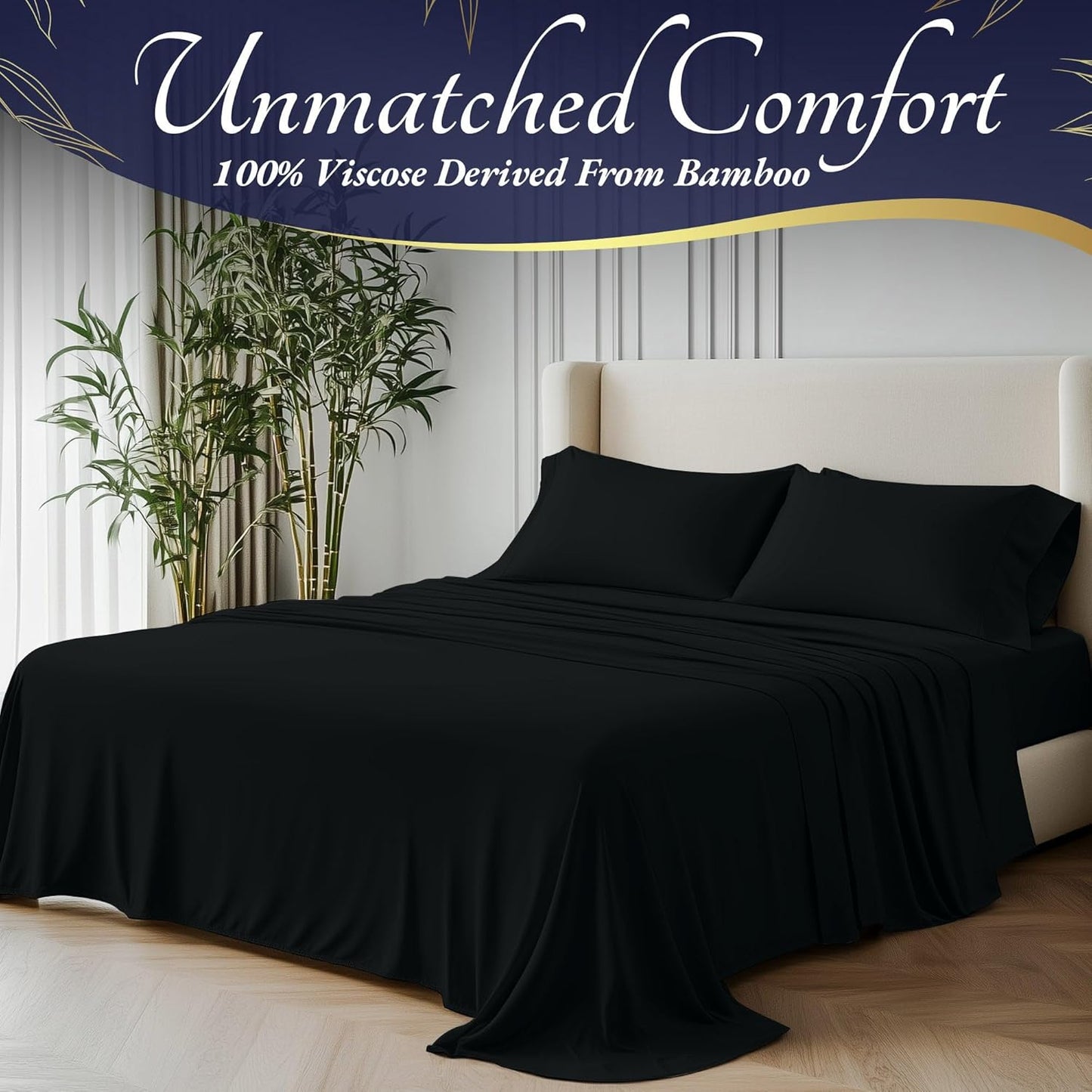 DECOLURE 100% Viscose Derived from Bamboo Sheets King Size 4pcs - Ultra Soft & Luxuriously Cooling, 17" Deep Pocket, Double Stitching, Perfect for Hot Sleepers - King Bed Sheets (Black)