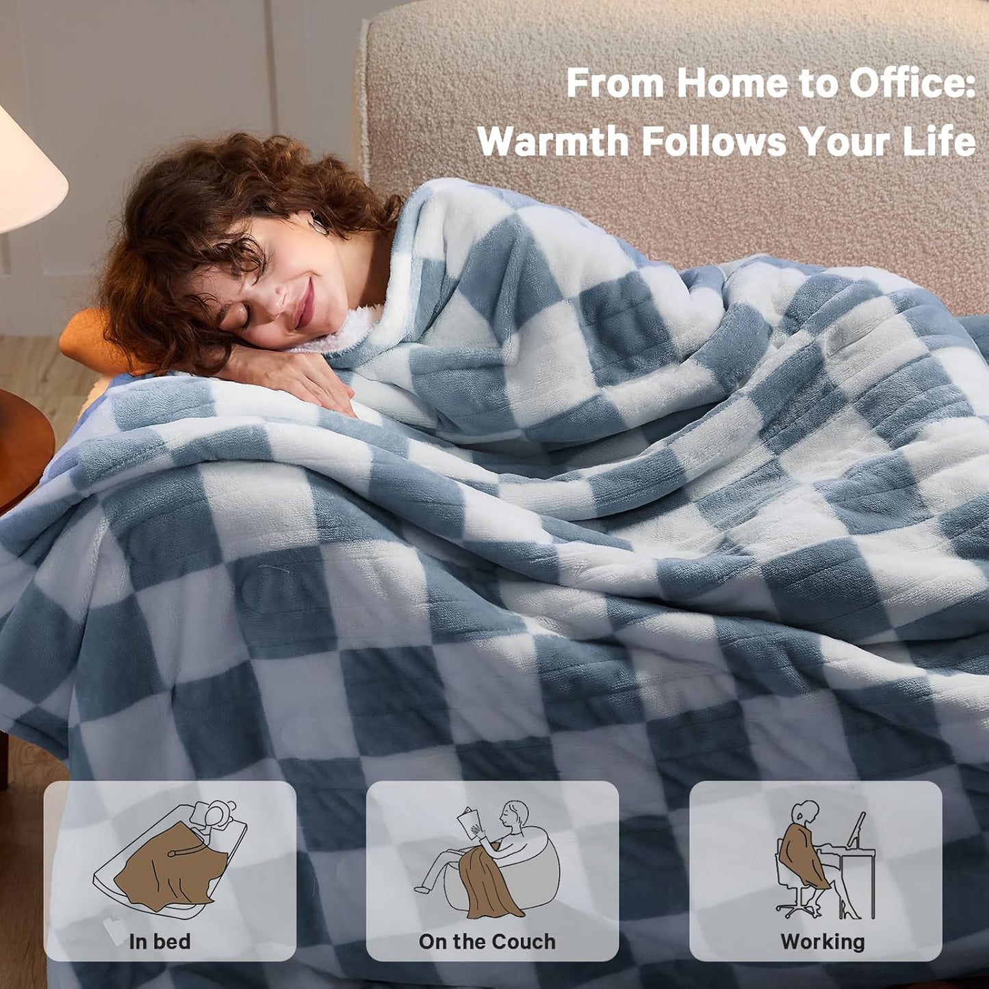 Heated Electric Blanket Twin Size, 62X84 Heating Blanket with 10 Heat Level & 8 Hours Auto Off, Misty Blue Checkered Plaid Soft Fleece Sherpa Blankets Warmer Gifts for Couch Grandma Women Adults