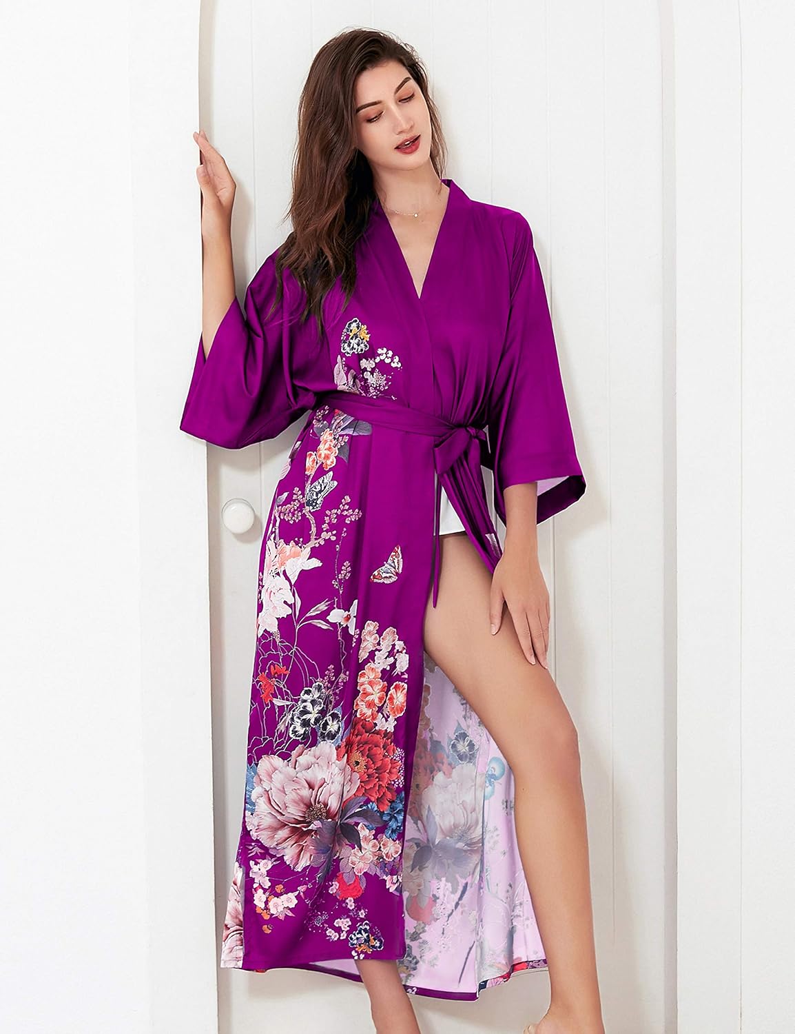 PRODESIGN Kimono Robe for Women - Long Satin Sleepwear Silky Kimono Cover-Up Nightgown Japanese Bathrobe Loungewear Blouse