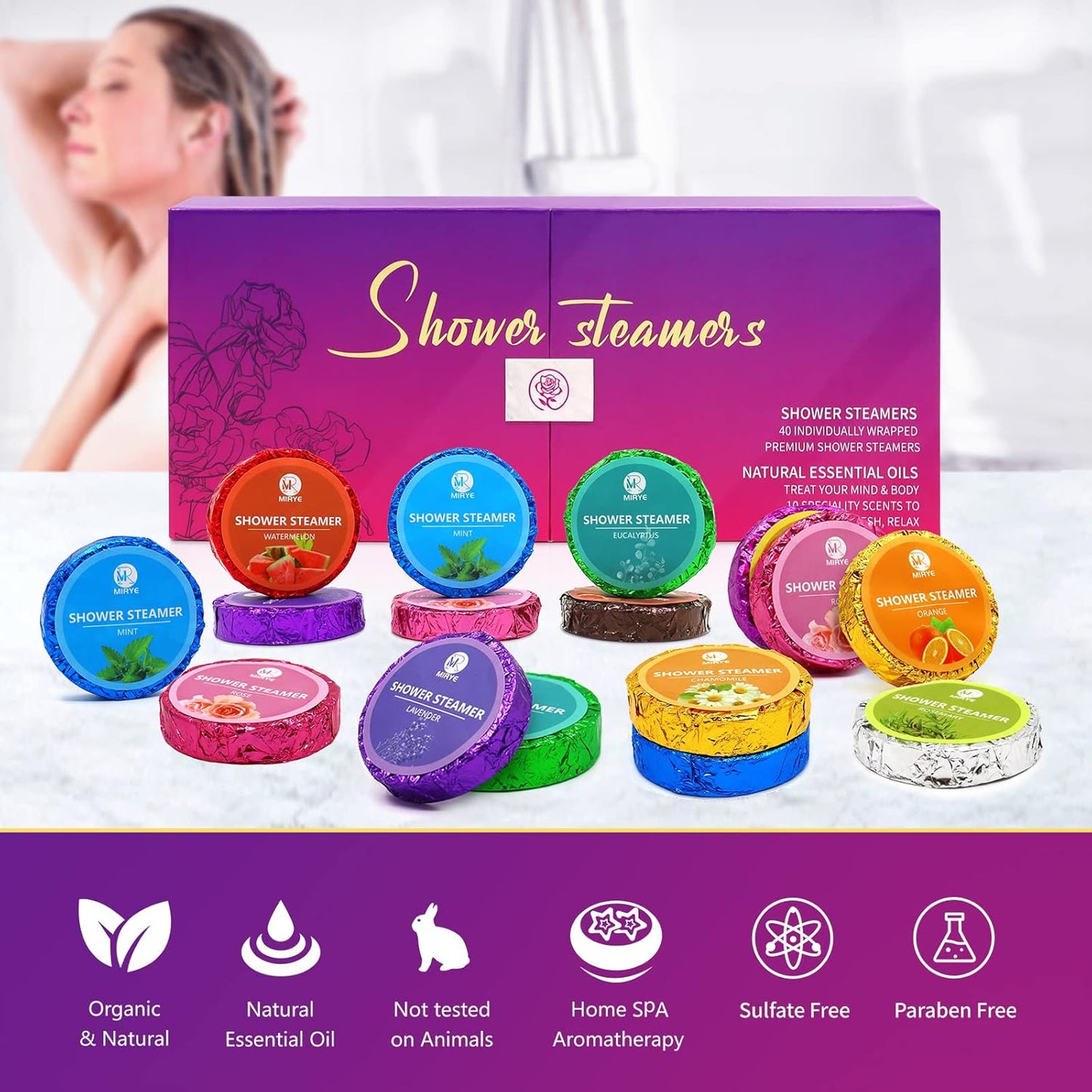 40 PCS Shower Steamers Aromatherapy for Women or Men, 10 Scent Shower Bomb Organic with Natural Essential Oil Relaxation, White Elephant Gifts Birthday Christmas Stocking Stuffers for Her Him