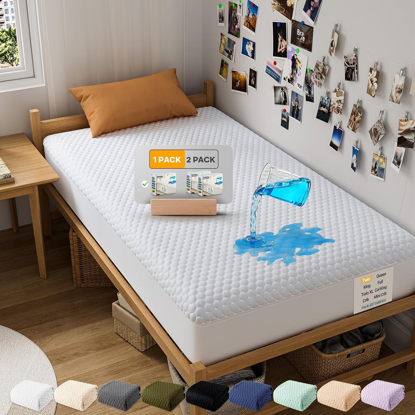 OhGeni 100% Waterproof Mattress Protector, Twin Size Mattress Pad, Fits 6"-20" Mattresses with Deep Pocket, Cooling, Breathable Fitted Sheets, Soft Bed Cover, Noiseless, Machine Washable