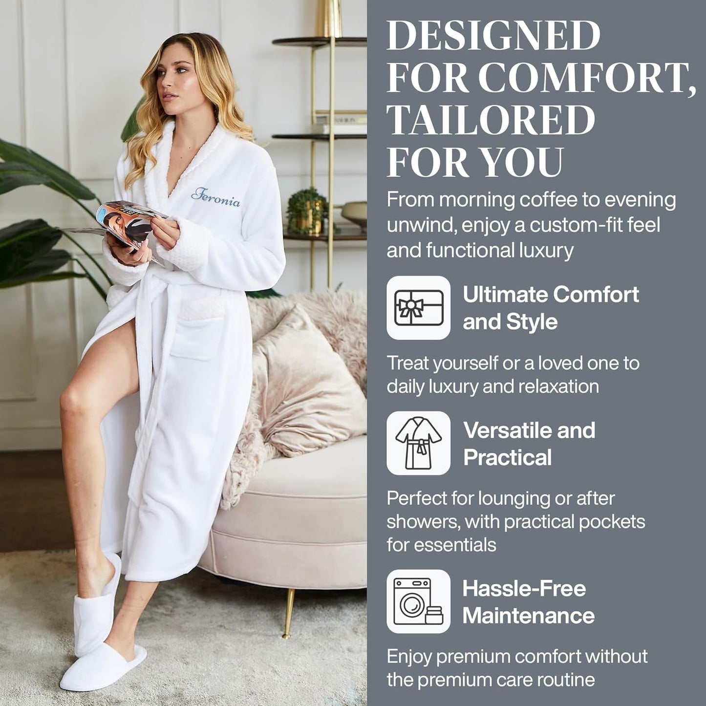 Lotus Linen Plush Robes for Women - Soft Bathrobe, Custom Monogram, Warm Fleece Robe with Pockets