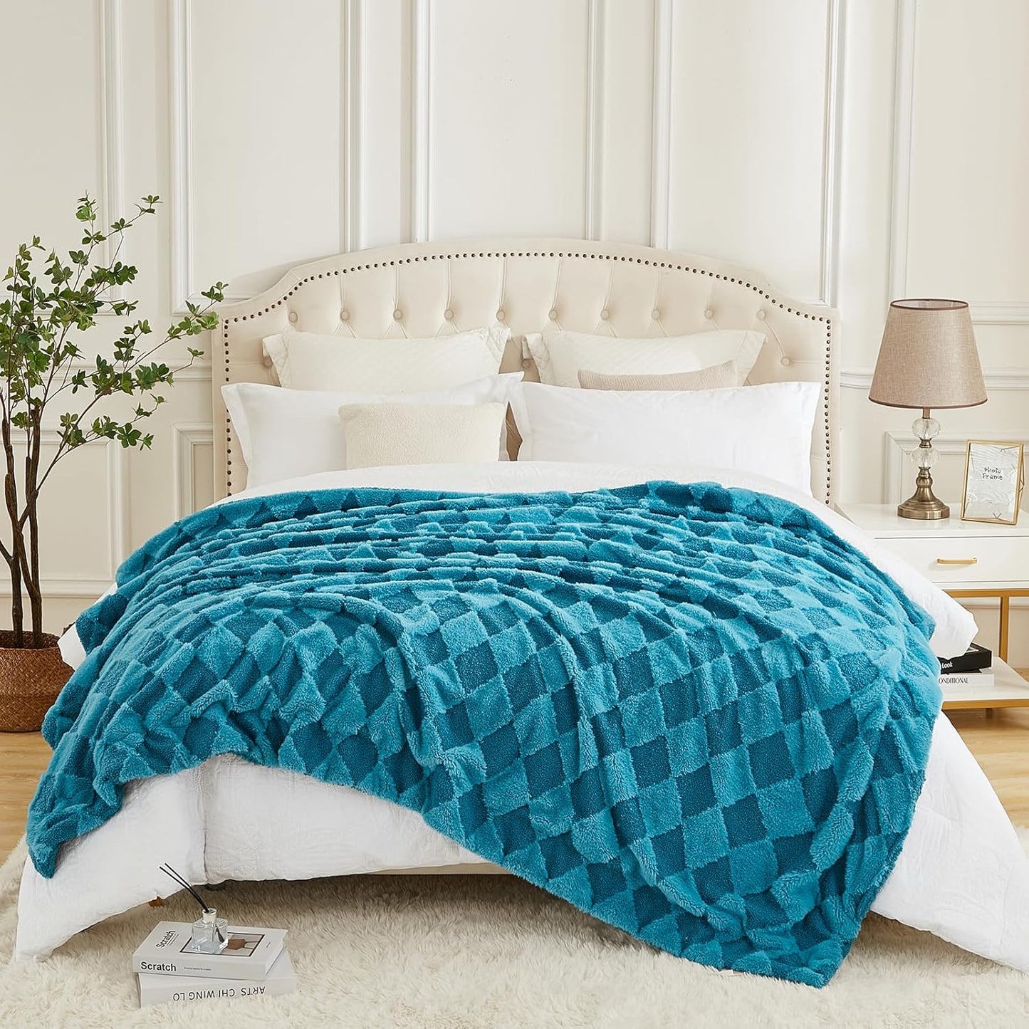 PU MEI Luxury Faux Fur Rabbit Fur Throw Blanket Blue 60"*80",Soft Plush Reversible Sherpa Blankets,Twin Fuzzy Elegant Blanket Thick Throws for Bed,Comfy Bedding Accent Blankets for Sofa Couch Chair