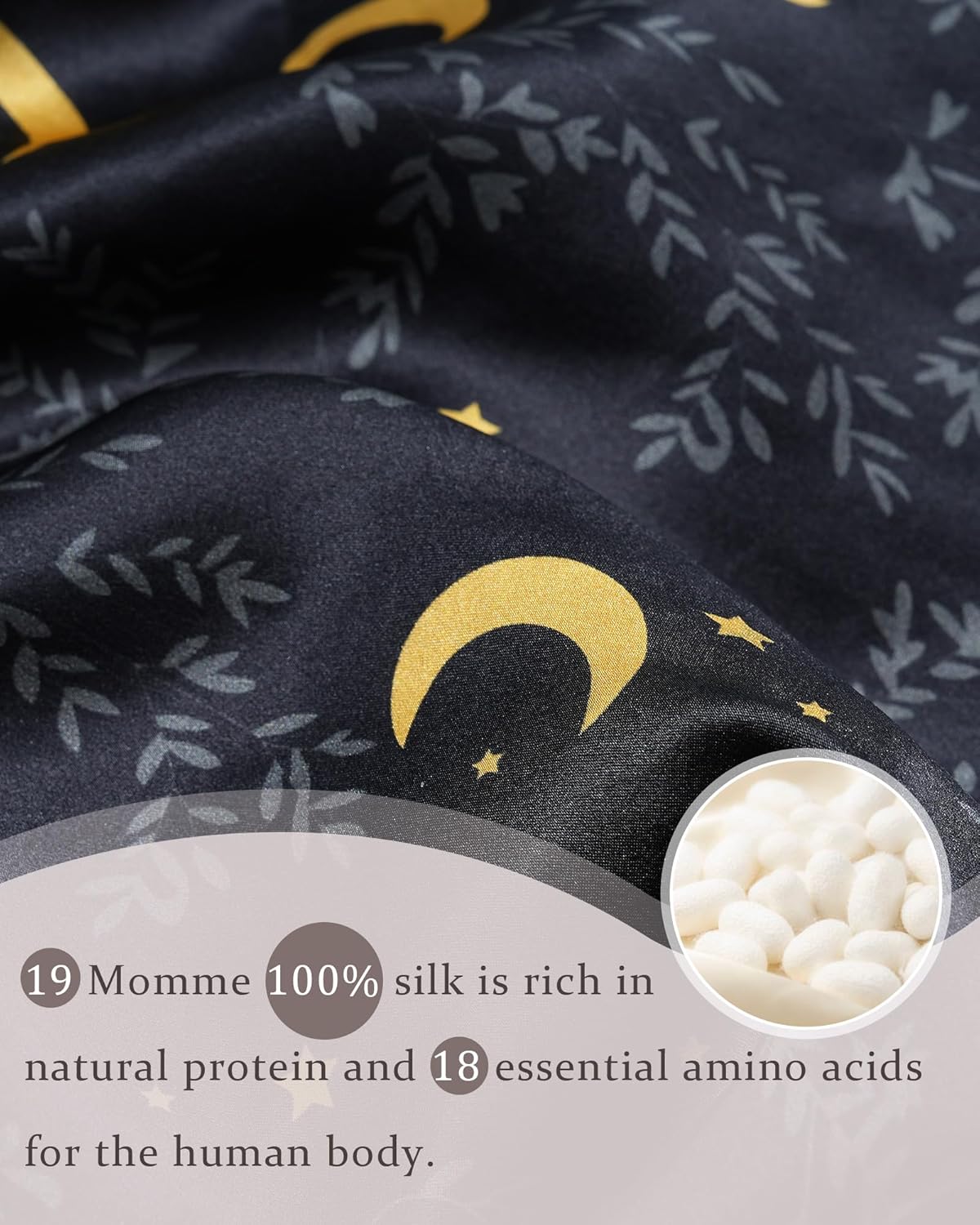 100% Mulberry Silk Bonnet for Sleeping Women Double Layer Silk Hair Bonnet Natural Sleep Cap with Elastic（Black + Moon）