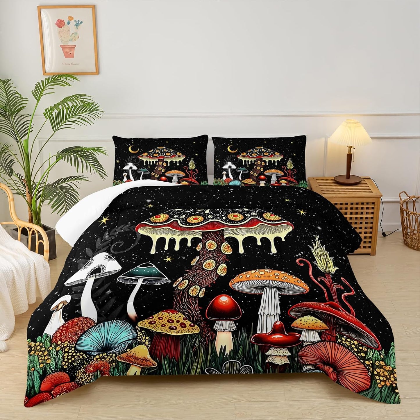 Mushroom Comforter Queen Bed Set，Queen Size Mushroom Bedding Set，with 1 Comforter with 2 Pillow Case