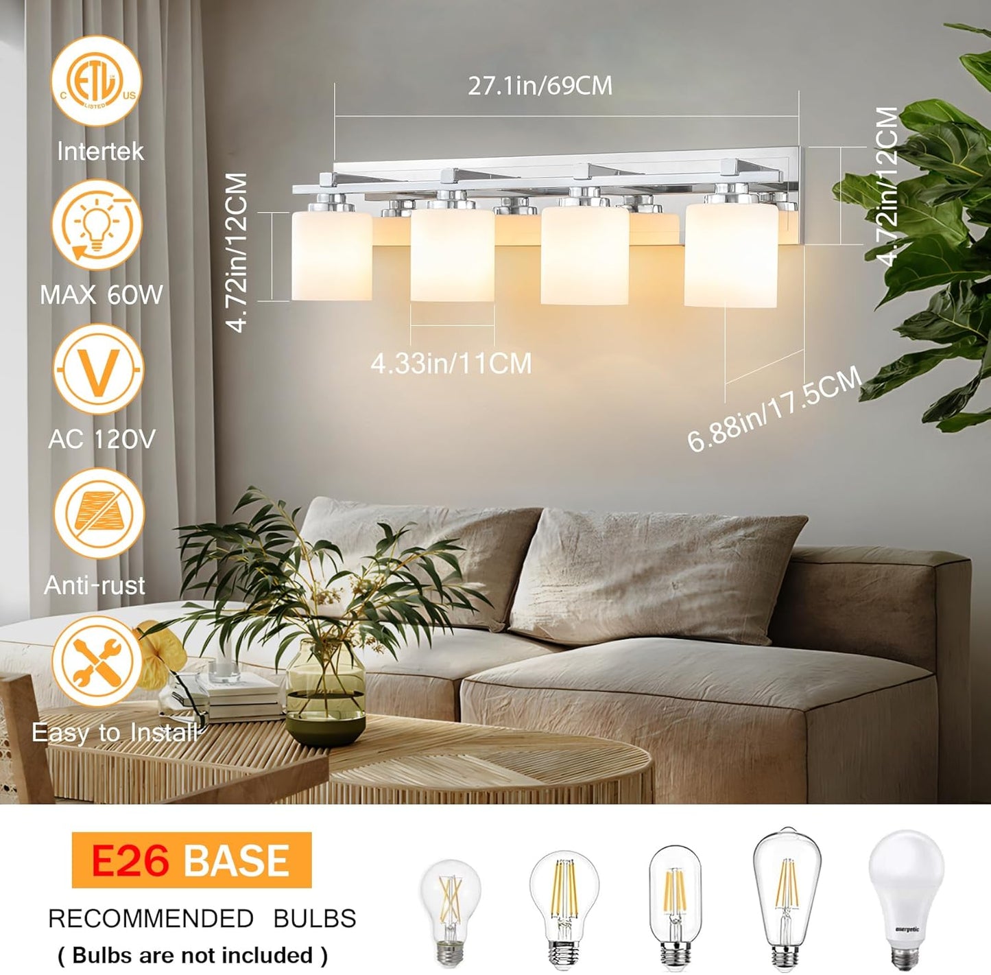 4 Light Modern Bathroom Light Fixtures Over Mirror, Chrome Vanity Lights for Bathroom Wall Sconces with Milky White Glass Shades, E26 Socket (Bulbs Not Included)