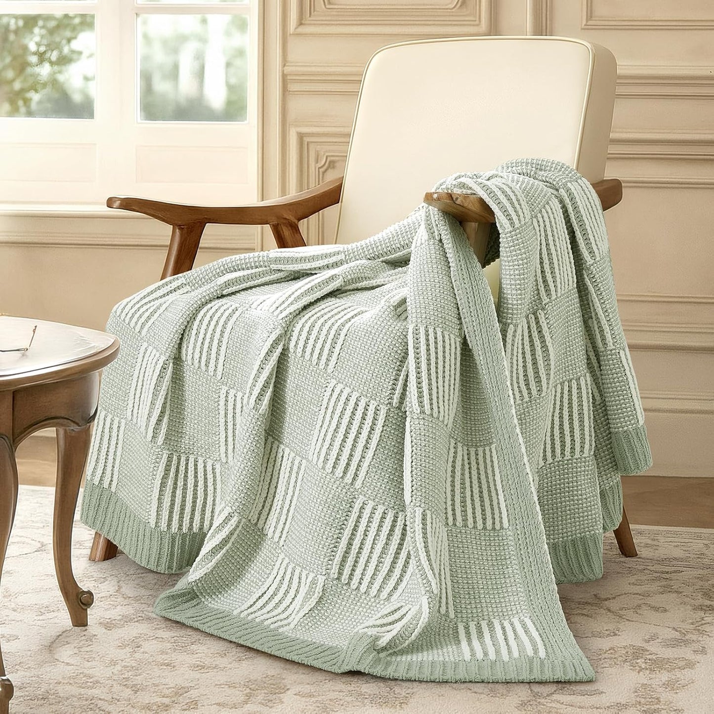 Amélie Home Checkered Knit Throw Blanket for Couch, Chenille Texture Decorative Soft Blanket for Sofa & Chair, 50"x60", Sage Green & White
