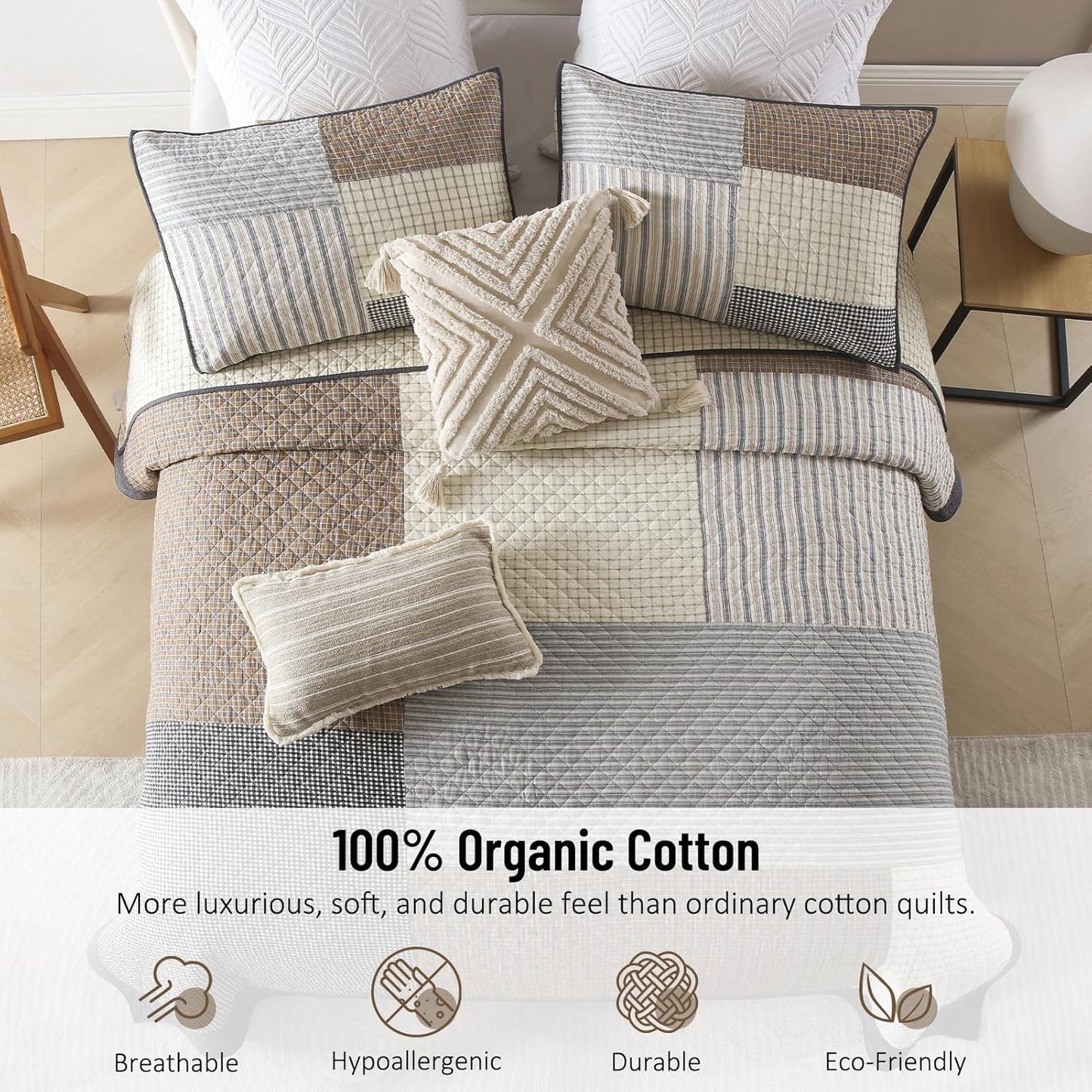 Real-Patchwork Plaid Queen Quilt - 100% Cotton Farmhouse Beige Brown Gray Queen Size Quilts Bedspread, Lightweight Reversible Quilted Coverlet Bedding Set for All Season, 3-Piece(98"x90")