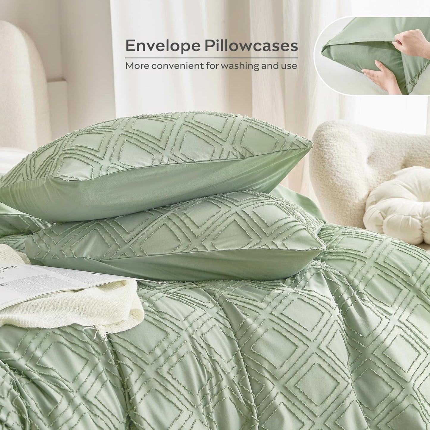 JELLYMONI Duvet Cover Queen Size Light Green - 3PCS Boho Duvet Cover Set Plaid Polyester Tufted Bohemian Jacquard Knit Textured Comforter Cover 90×90in Rhombic Geometric Pattern Zipper Corner Tie