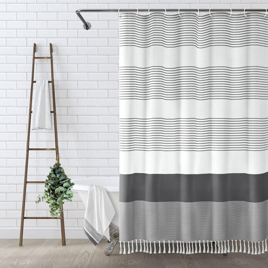 Awellife Gray Shower Curtain for Bathroom Stripe Tassel Shower Curtain 84 X 72 Farmhouse Cotton Boho Dark Grey