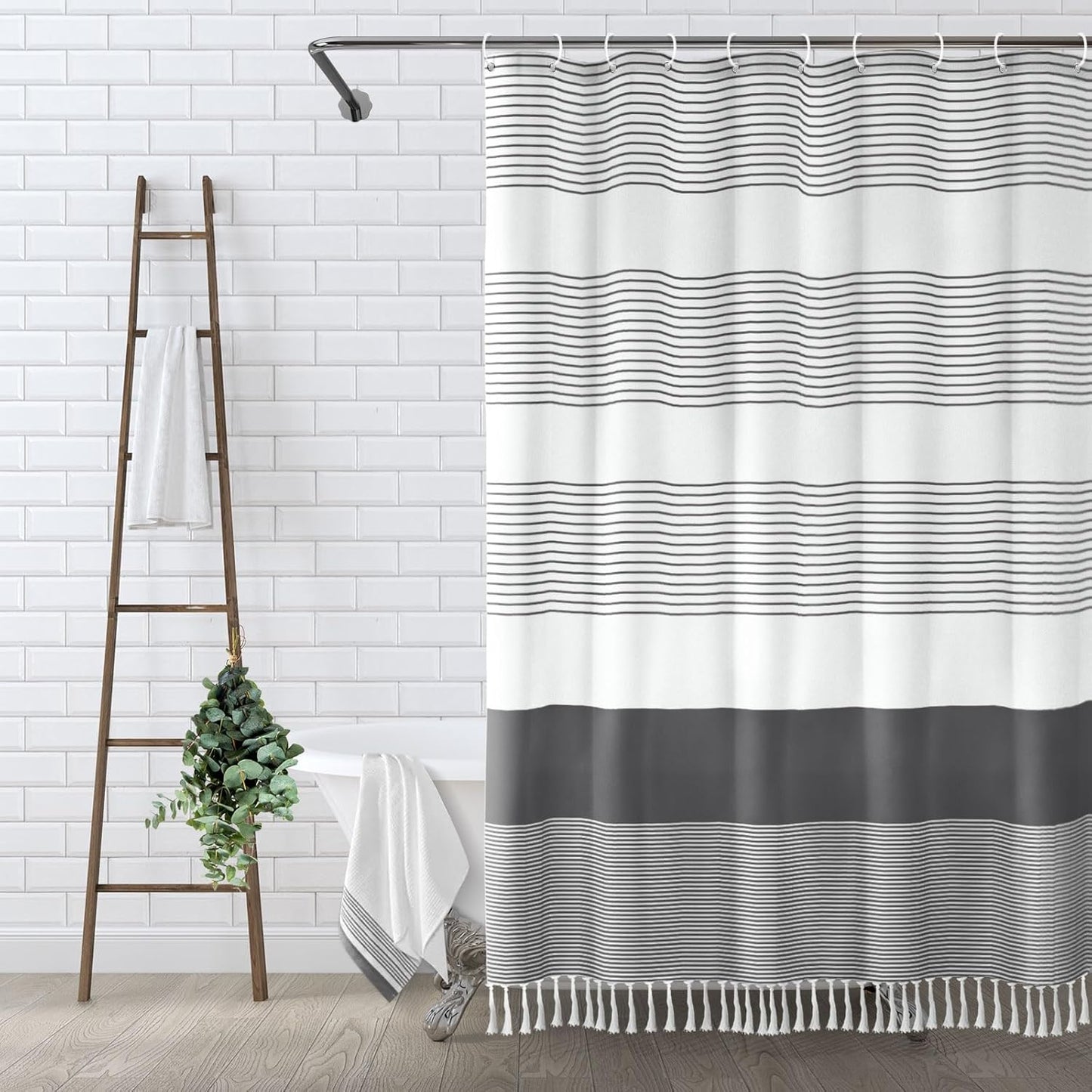 Awellife Gray Shower Curtain for Bathroom Stripe Tassel Shower Curtain 72 X 78 Farmhouse Cotton Boho Dark Grey