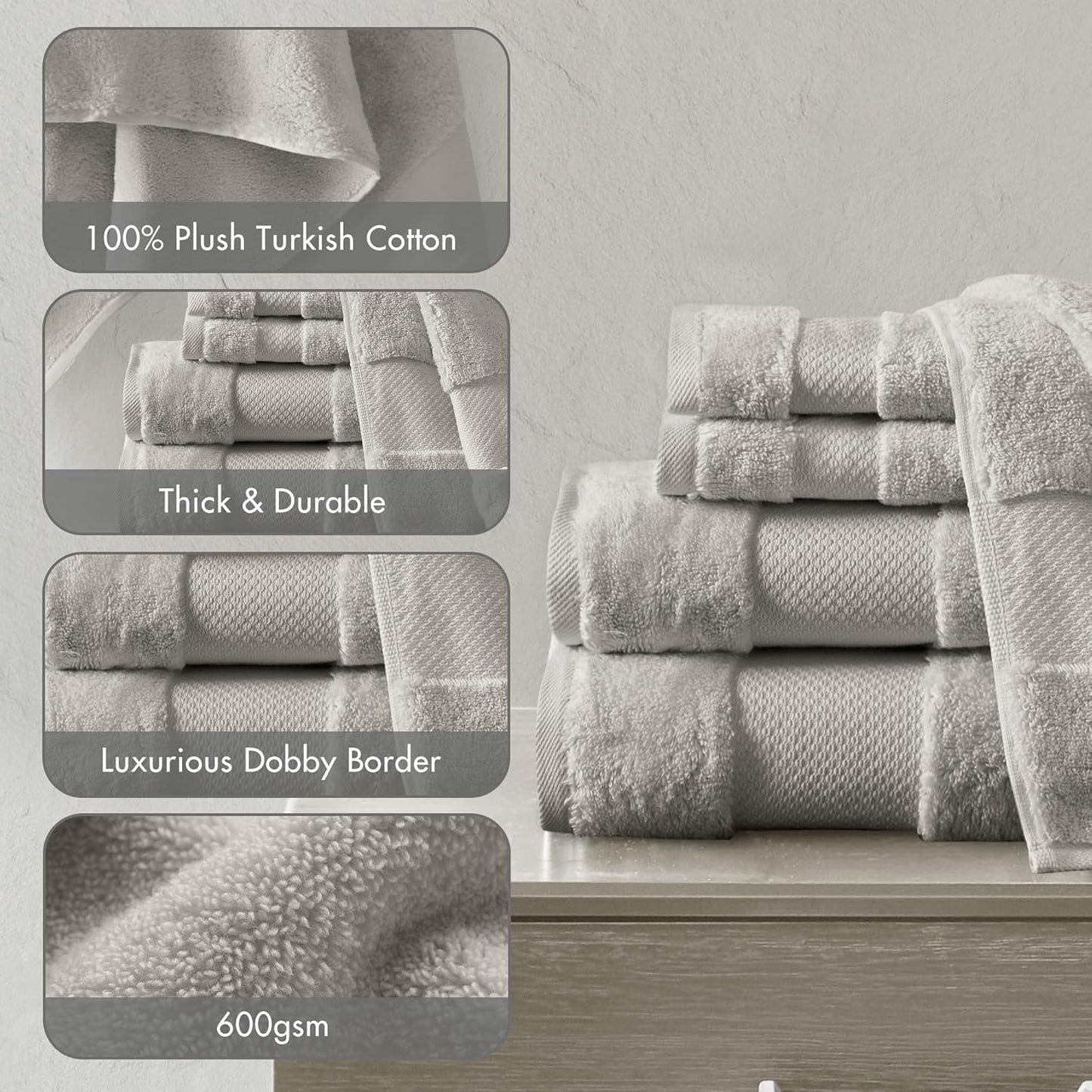 Madison Park Turkish 100% Cotton 600Gsm Luxury Premium Thick Soft Abosorbant Hotel Bathroom Towel Set Shower Hand Face Washcloths, Assorted Sizes, Grey 6 Piece