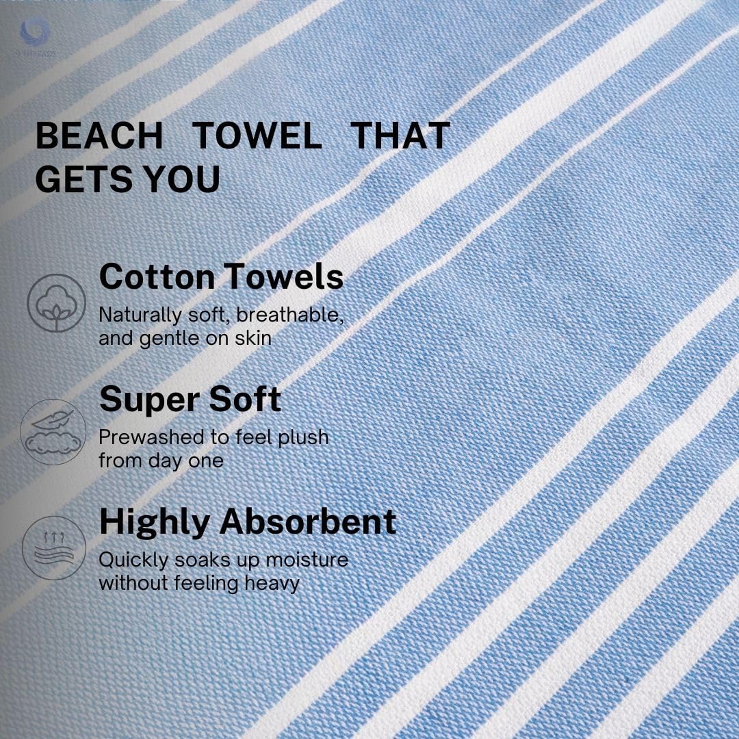 Cotton Turkish Beach Towel with Towels Oversized 36"x72" Pool Absorbent Extra Large Quick Dry Sand Travel Towel (Azure Bliss, 2 Pack)