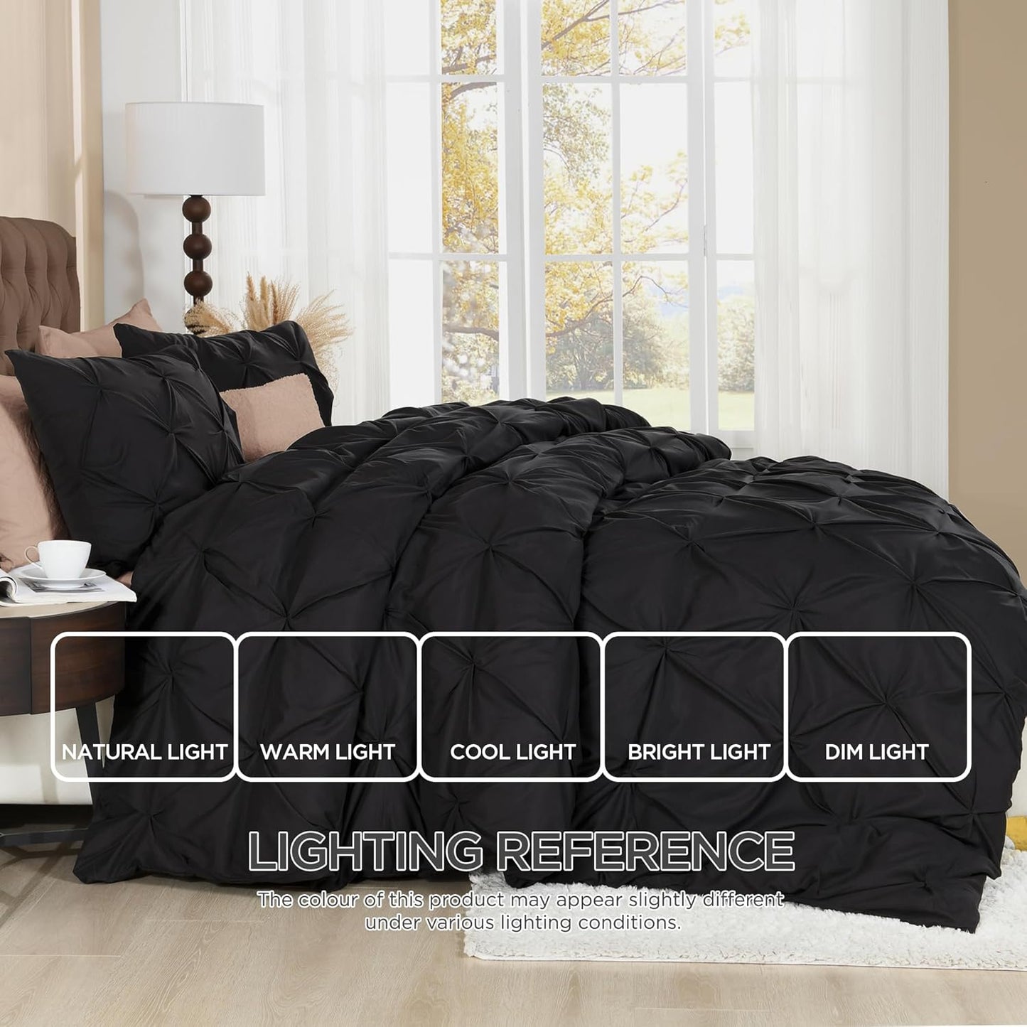 Litanika Black Queen Pinch Pleat Duvet Cover, 3 Pieces Pintuck Cover Soft Microfiber Bedding Set with Zipper Closure & Corner Ties(90x90Inch-1 Duvet Cover, 2 Pillowcases)